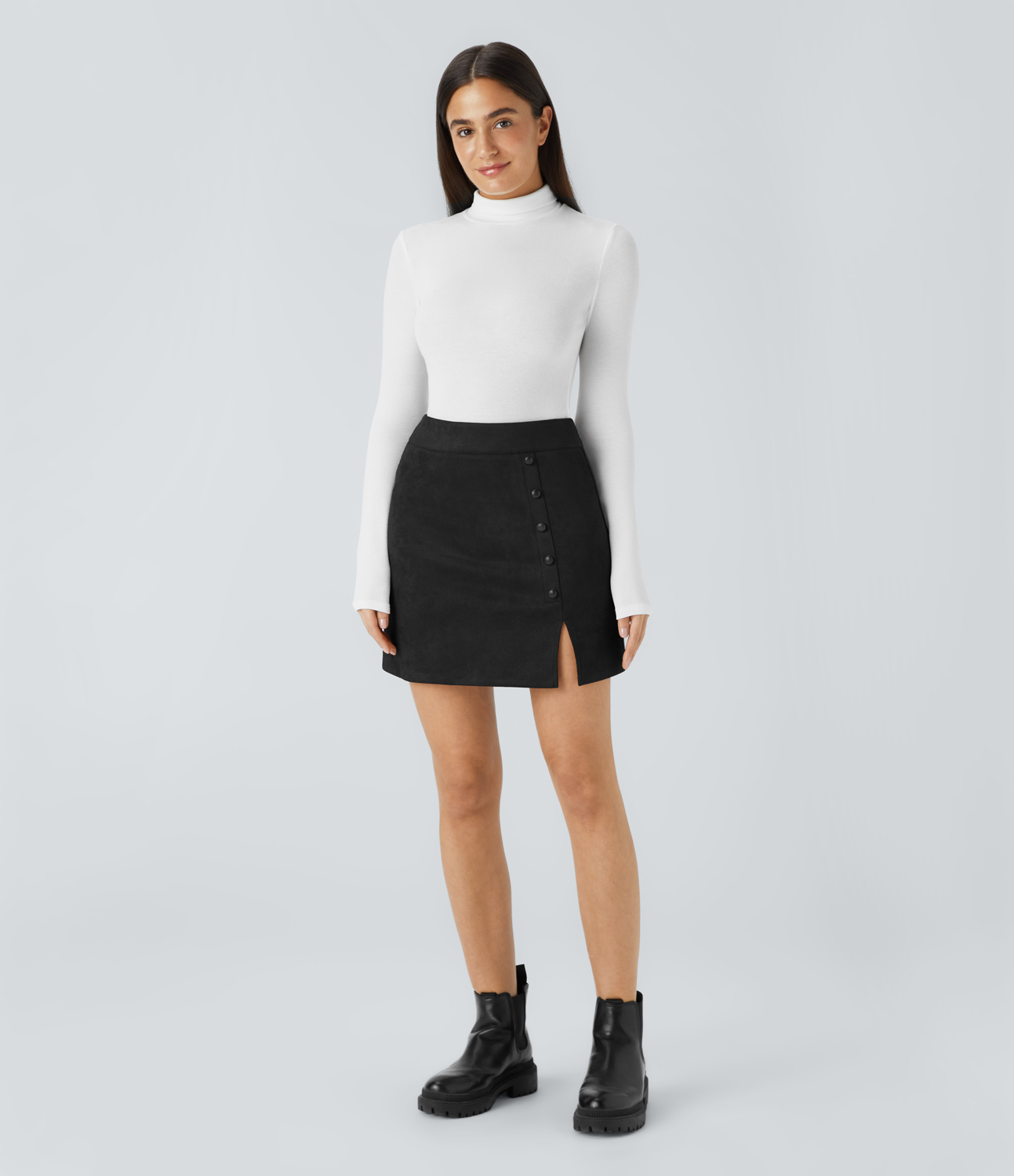 Halara High Waisted Decorative Button Zipper Split Suede Mini Casual Skirt  - Black - S(regular) 