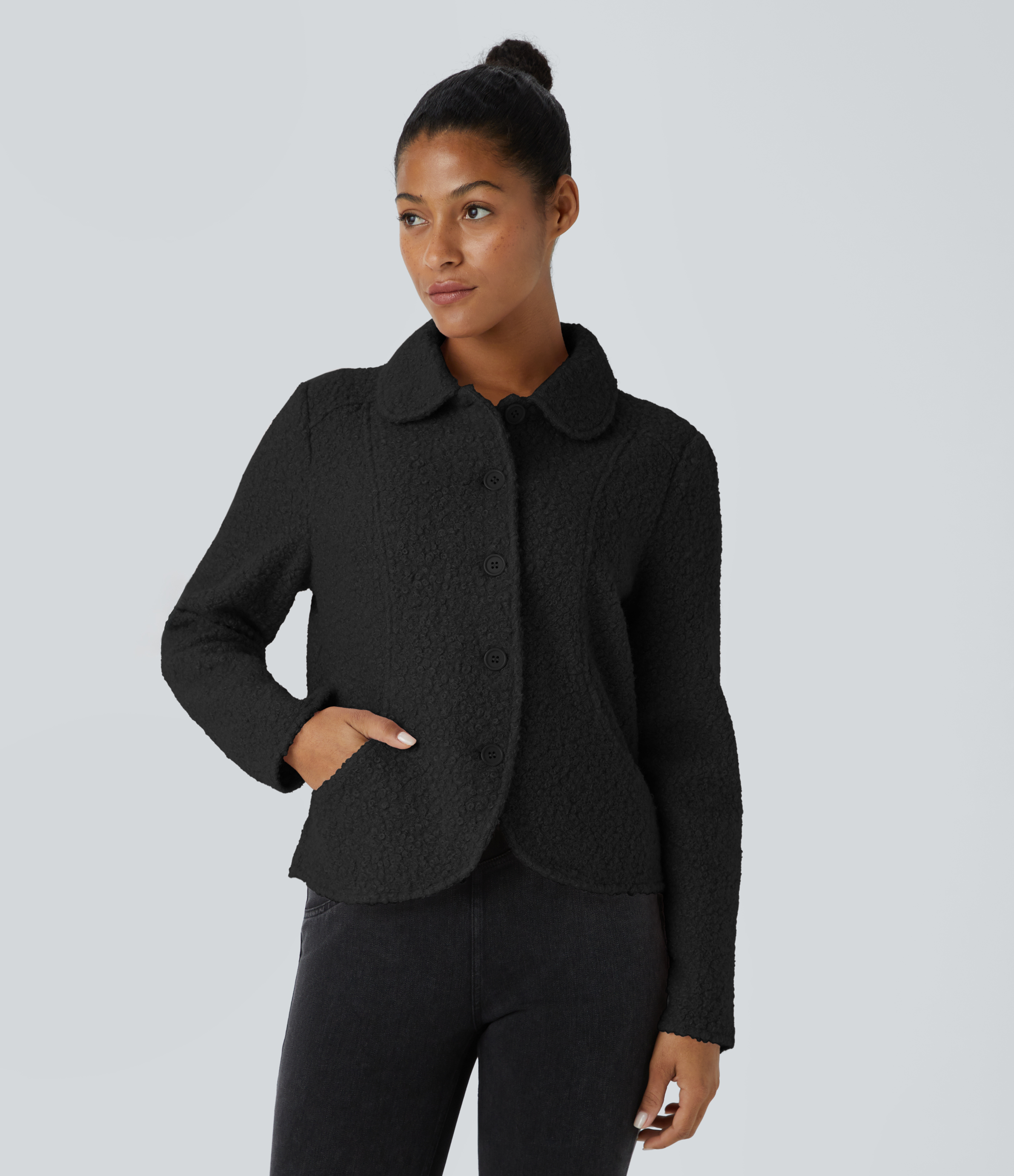 Halara Collared Long Sleeve Side Pocket Button Front Relaxed Casual Teddy Jacket - Black - L