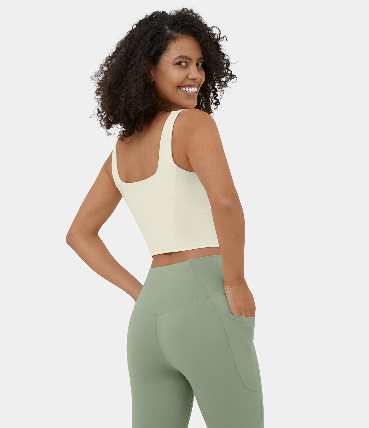 Halara Square Neck Backless Cropped Yoga Tank Top Tank Top - Seedpearl - S golf tops halter top tunic tops sleeveless tops backless top 