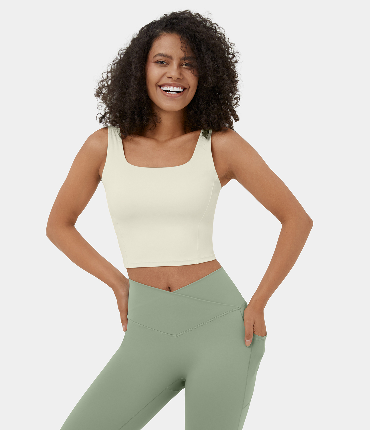 Halara Square Neck Backless Cropped Yoga Tank Top Tank Top - Seedpearl - S golf tops halter top tunic tops sleeveless tops backless top 