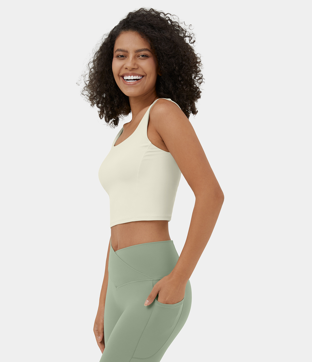 Halara Square Neck Backless Cropped Yoga Tank Top Tank Top - Seedpearl - S golf tops halter top tunic tops sleeveless tops backless top 