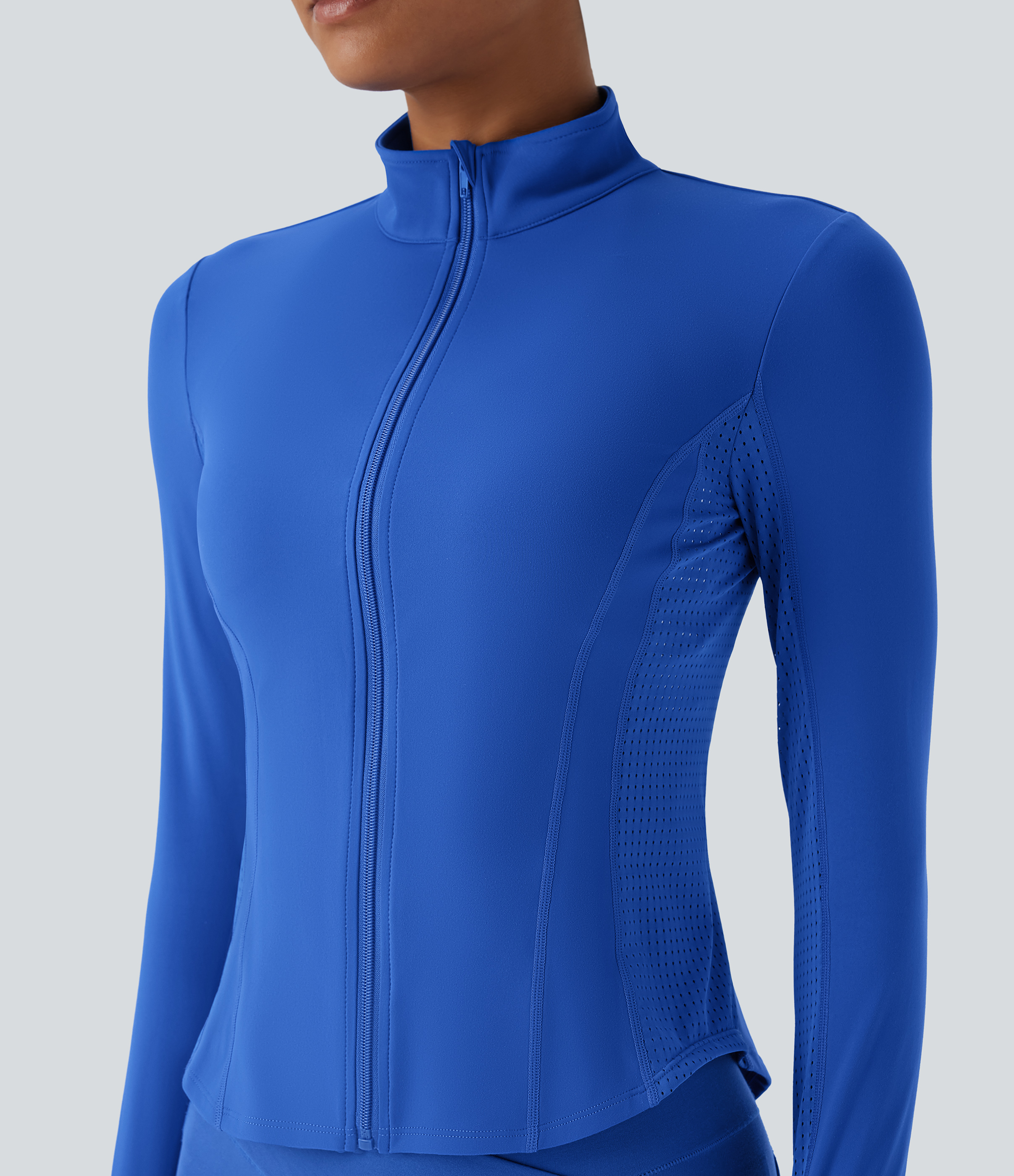 Halara Softlyzeroв„ў Plush Contrast Perforated Thumb Hole Curved Hem Zipper Yoga Jacket  - Beaucoup Blue - S 