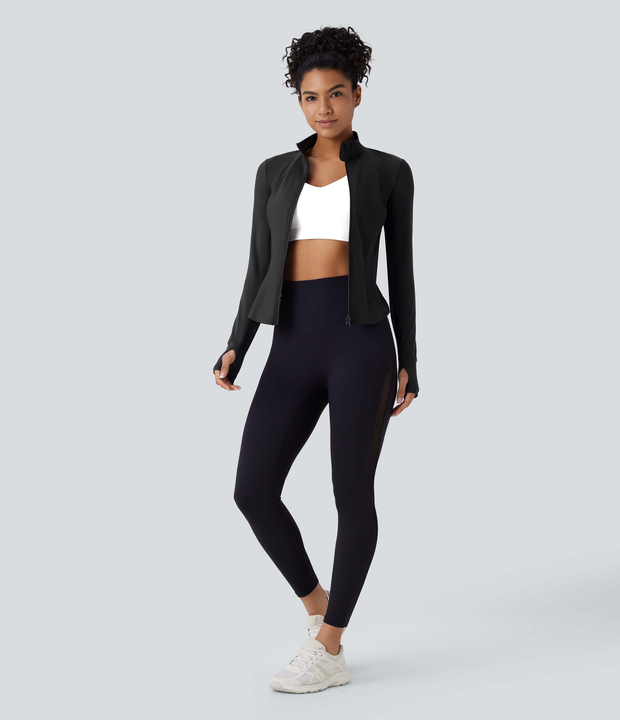 Halara Softlyzeroв„ў Plush Contrast Perforated Thumb Hole Curved Hem Zipper Yoga Jacket  - Black - XL 