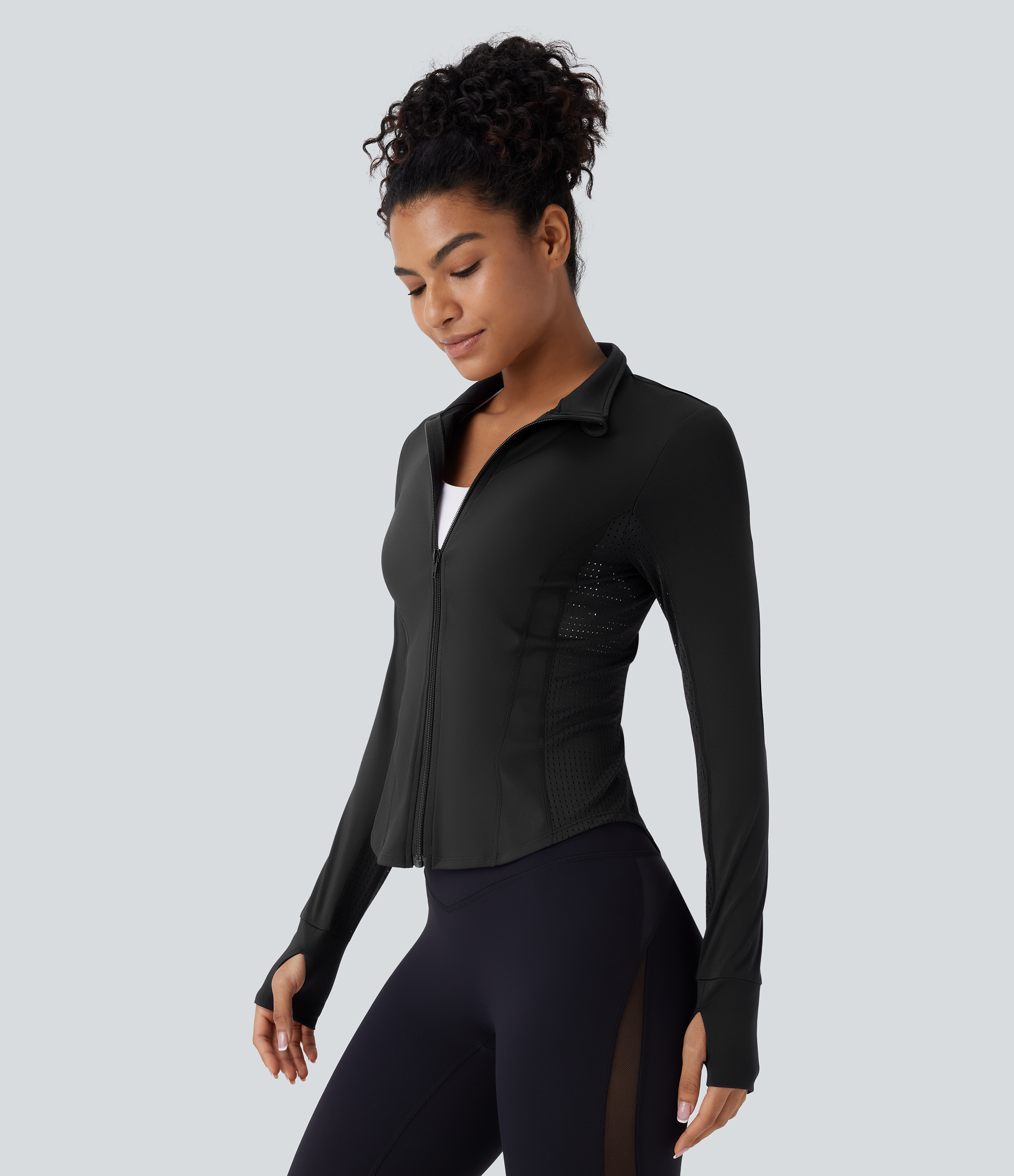 Halara Softlyzeroв„ў Plush Contrast Perforated Thumb Hole Curved Hem Zipper Yoga Jacket  - Black - XL 