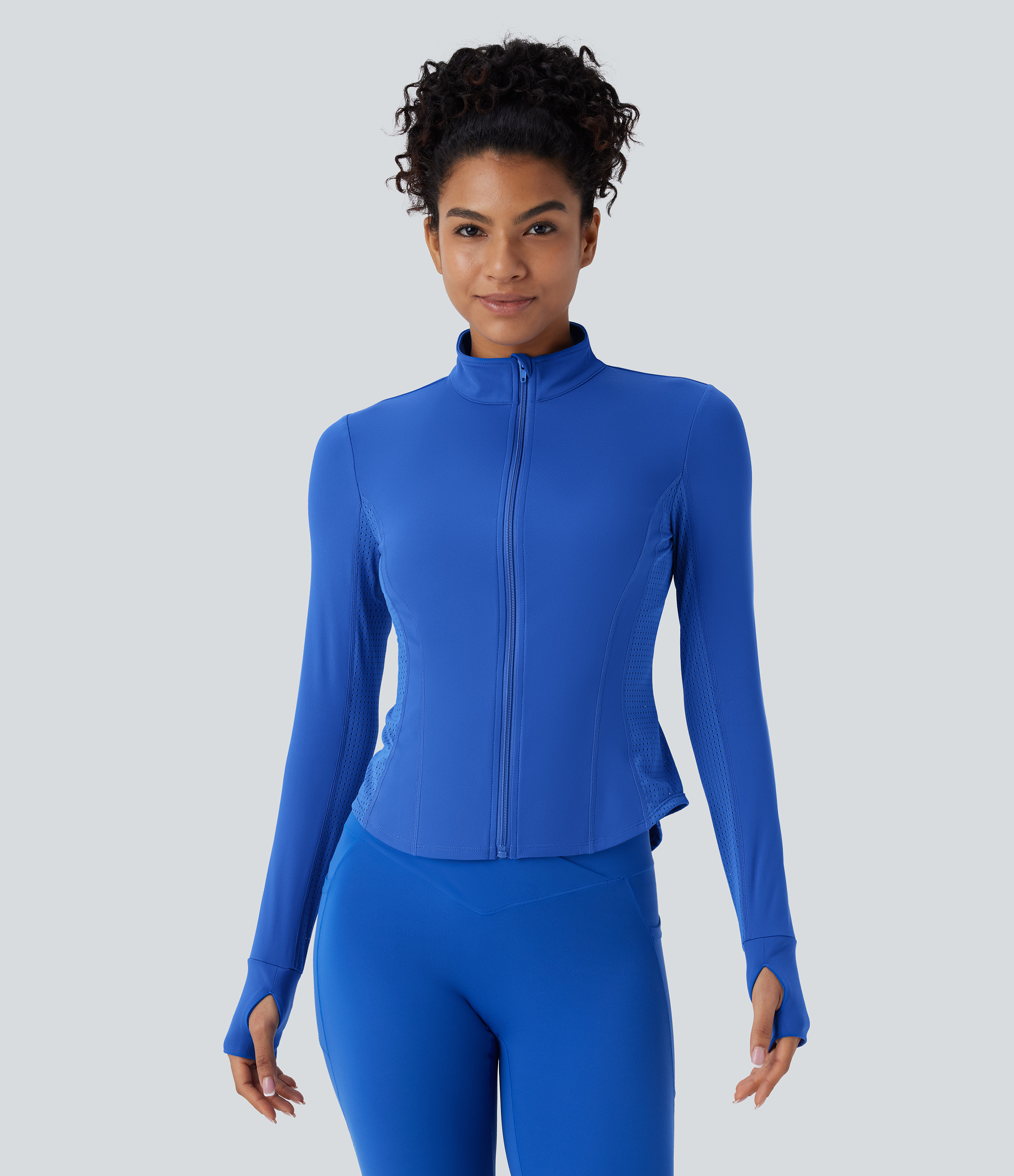 Halara Softlyzeroв„ў Plush Contrast Perforated Thumb Hole Curved Hem Zipper Yoga Jacket  - Beaucoup Blue - S 