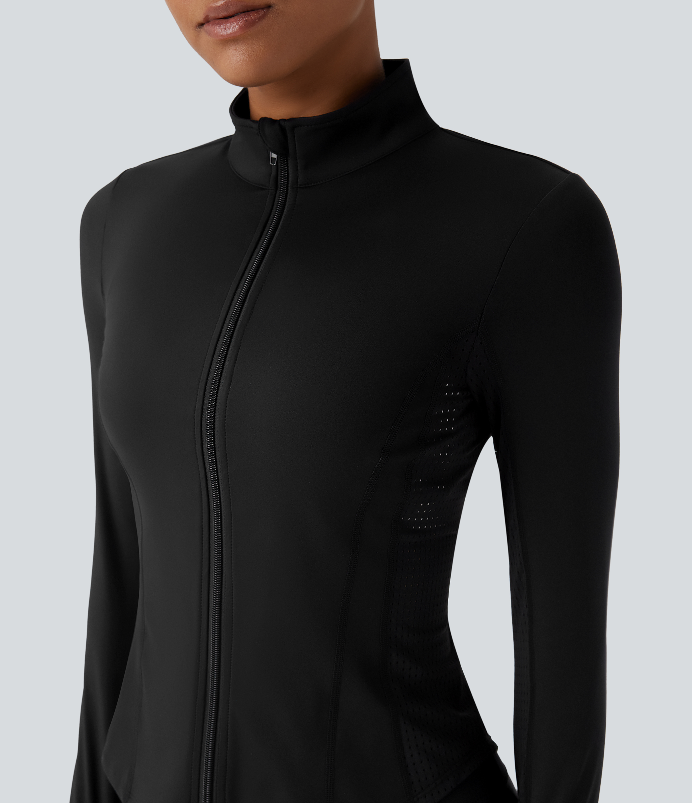 Halara Softlyzeroв„ў Plush Contrast Perforated Thumb Hole Curved Hem Zipper Yoga Jacket  - Black - XL 