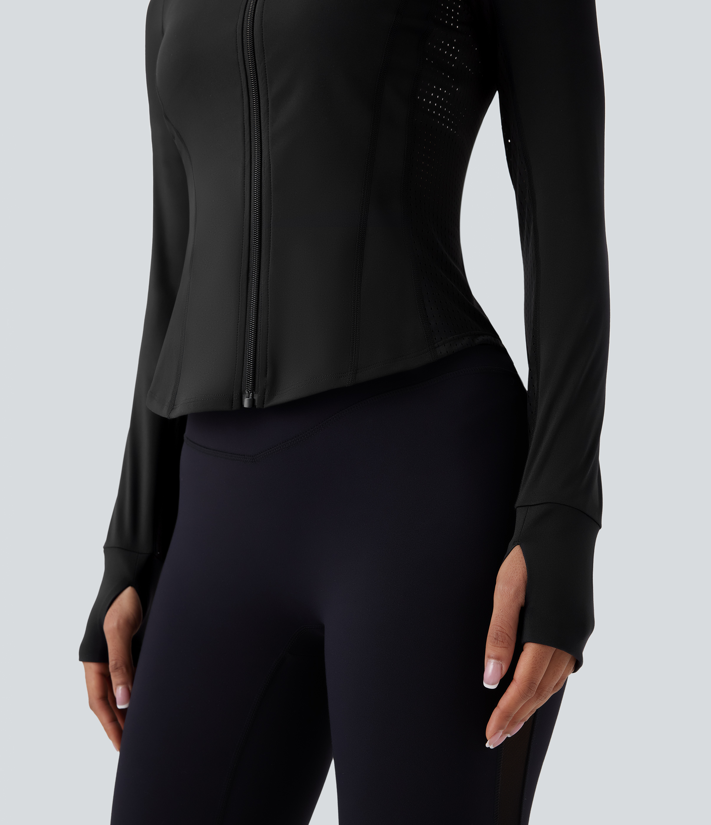 Halara Softlyzeroв„ў Plush Contrast Perforated Thumb Hole Curved Hem Zipper Yoga Jacket  - Black - XL 