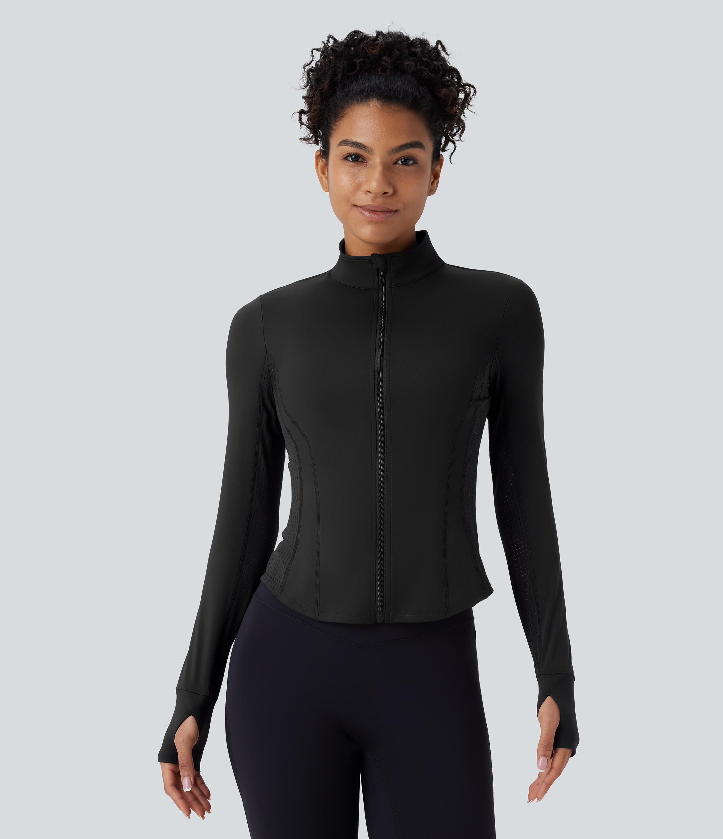 Halara Softlyzeroв„ў Plush Contrast Perforated Thumb Hole Curved Hem Zipper Yoga Jacket  - Black - XL 