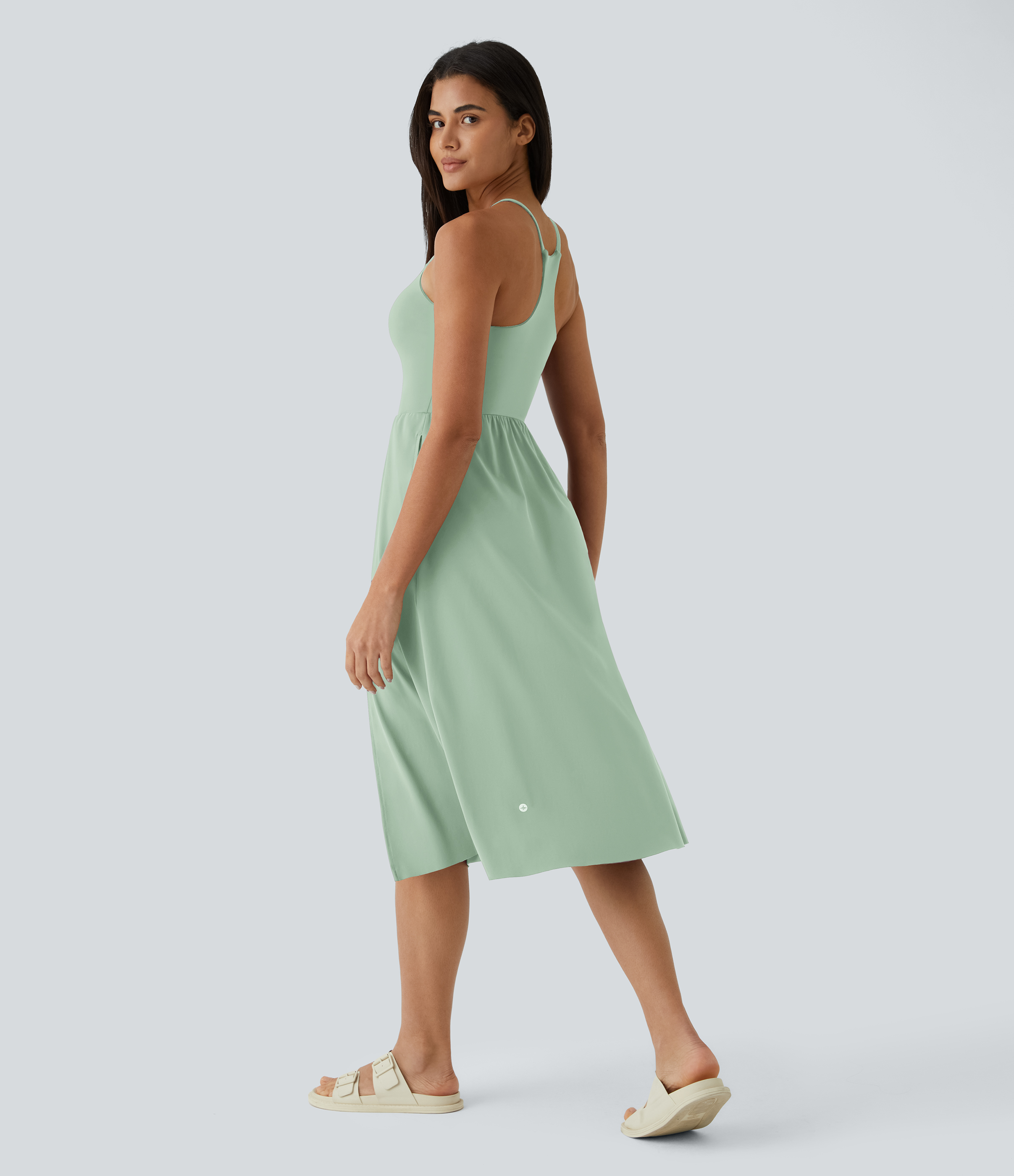 Halara Everyday Midi Chill Dress-La Land Casual Dress - Light Bean Green - S slip dress beach dress ruched dress halter dress exercise dress 
