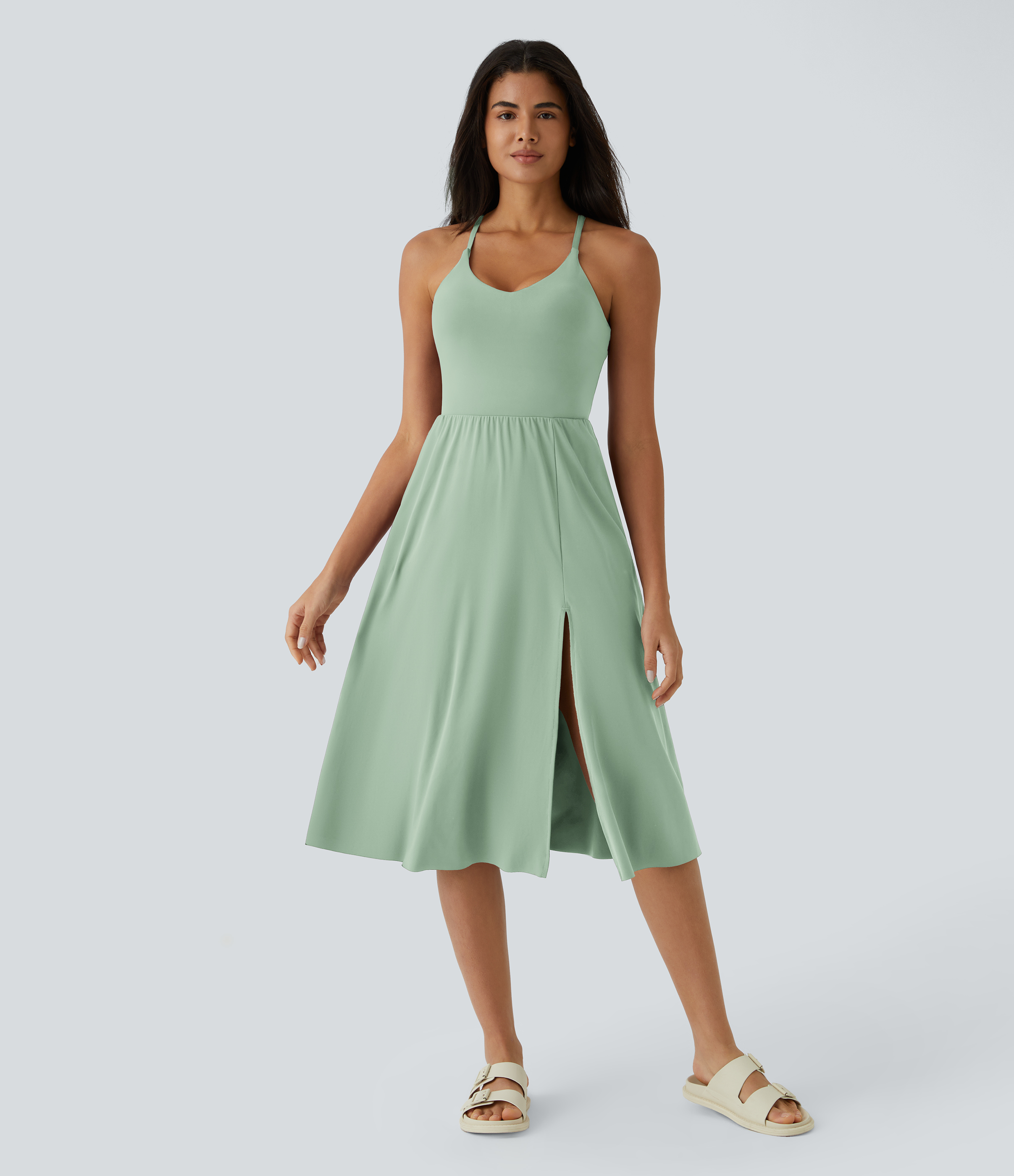 Halara Everyday Midi Chill Dress-La Land Casual Dress - Light Bean Green - S slip dress beach dress ruched dress halter dress exercise dress 