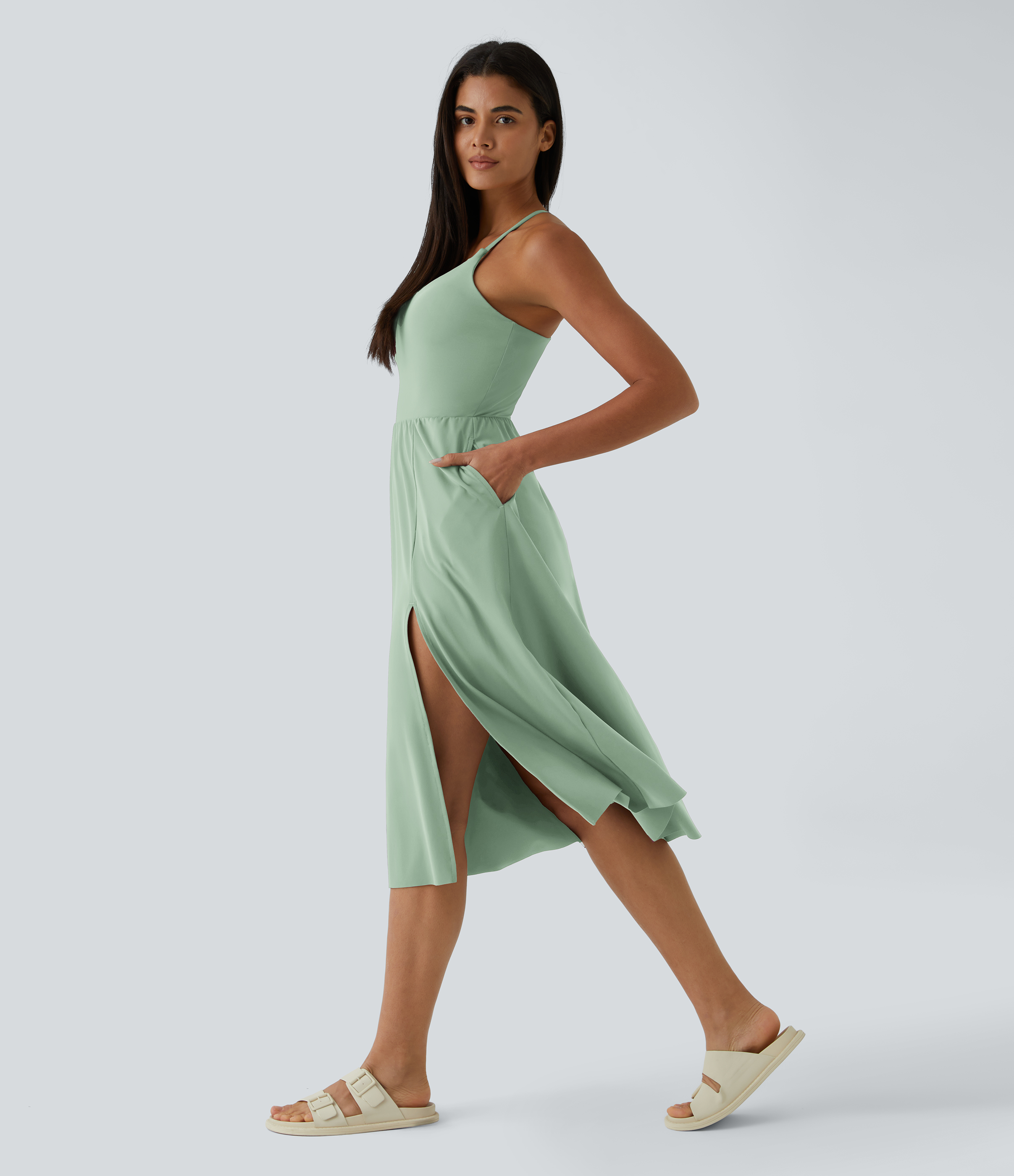 Halara Everyday Midi Chill Dress-La Land Casual Dress - Light Bean Green - S slip dress beach dress ruched dress halter dress exercise dress 