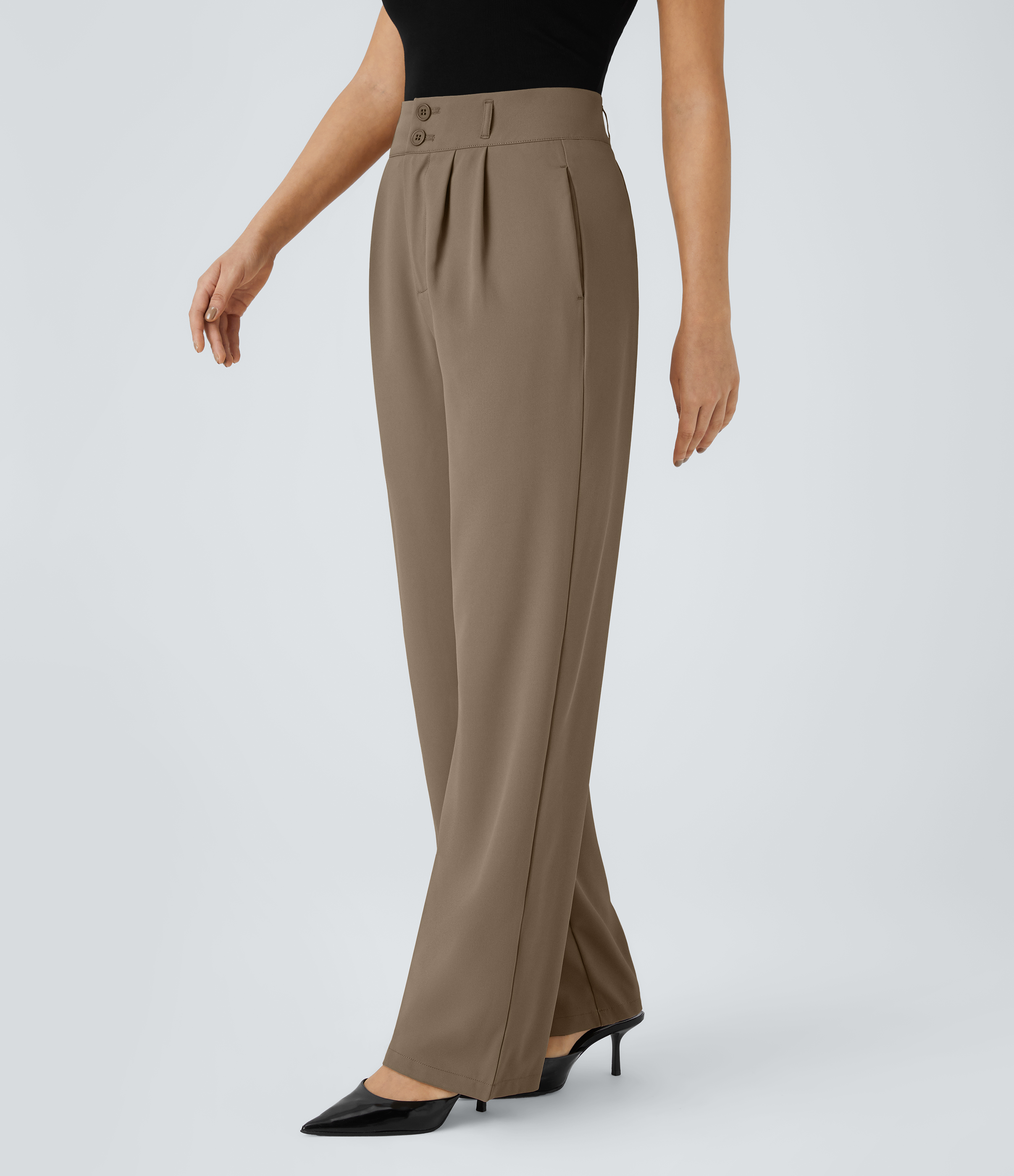 Halara High Waisted Button Zipper Side Pocket Shirred Straight Leg Work Pants  - Kangaroo - XL(tall) sweatpants jogger pants 