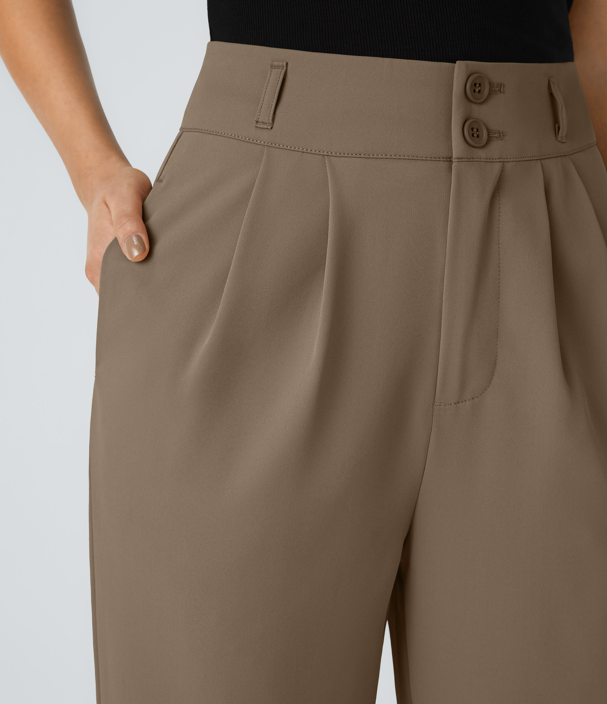 Halara High Waisted Button Zipper Side Pocket Shirred Straight Leg Work Pants  - Kangaroo - XL(tall) sweatpants jogger pants 