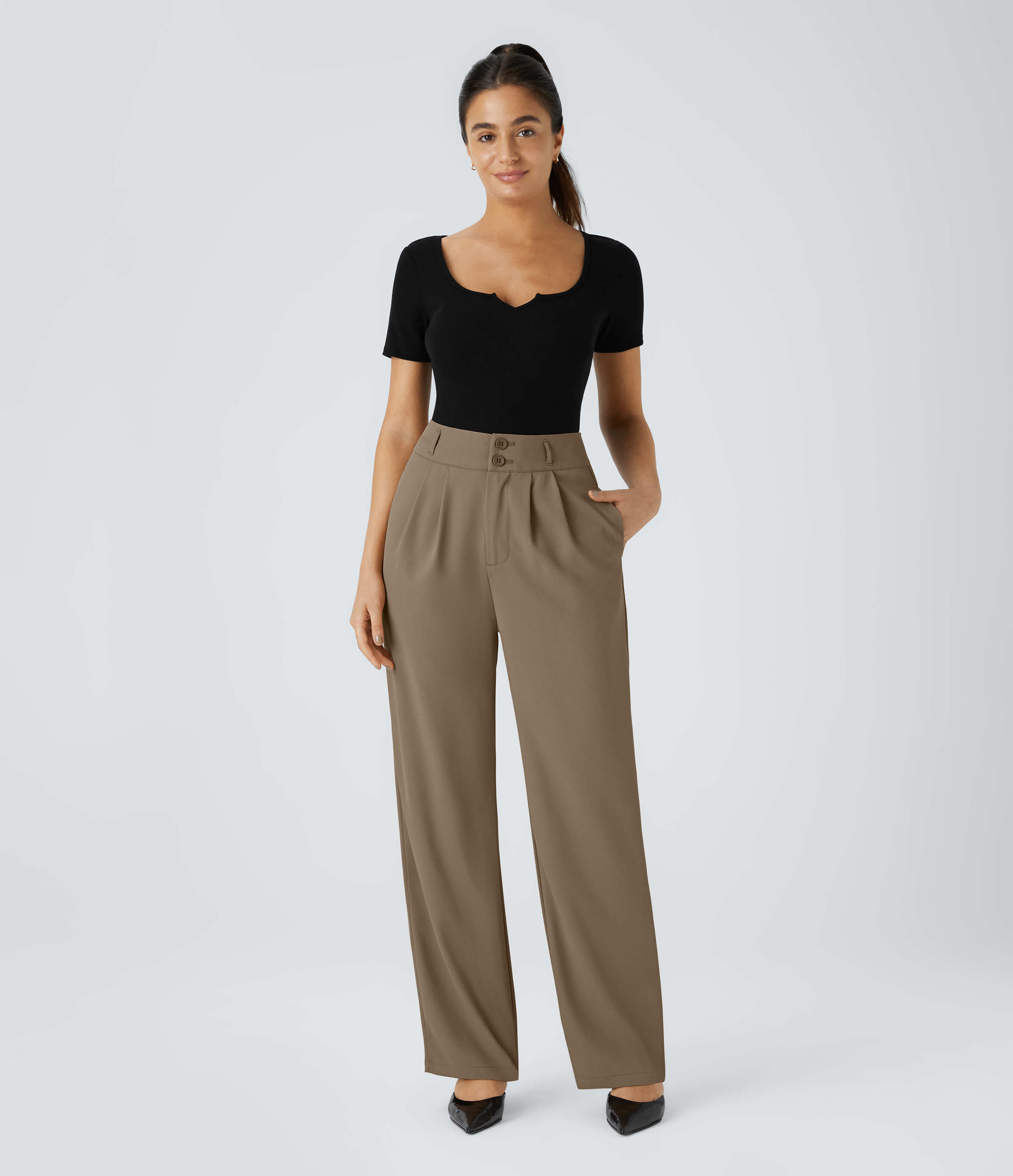 Halara High Waisted Button Zipper Side Pocket Shirred Straight Leg Work Pants  - Kangaroo - XL(tall) sweatpants jogger pants 