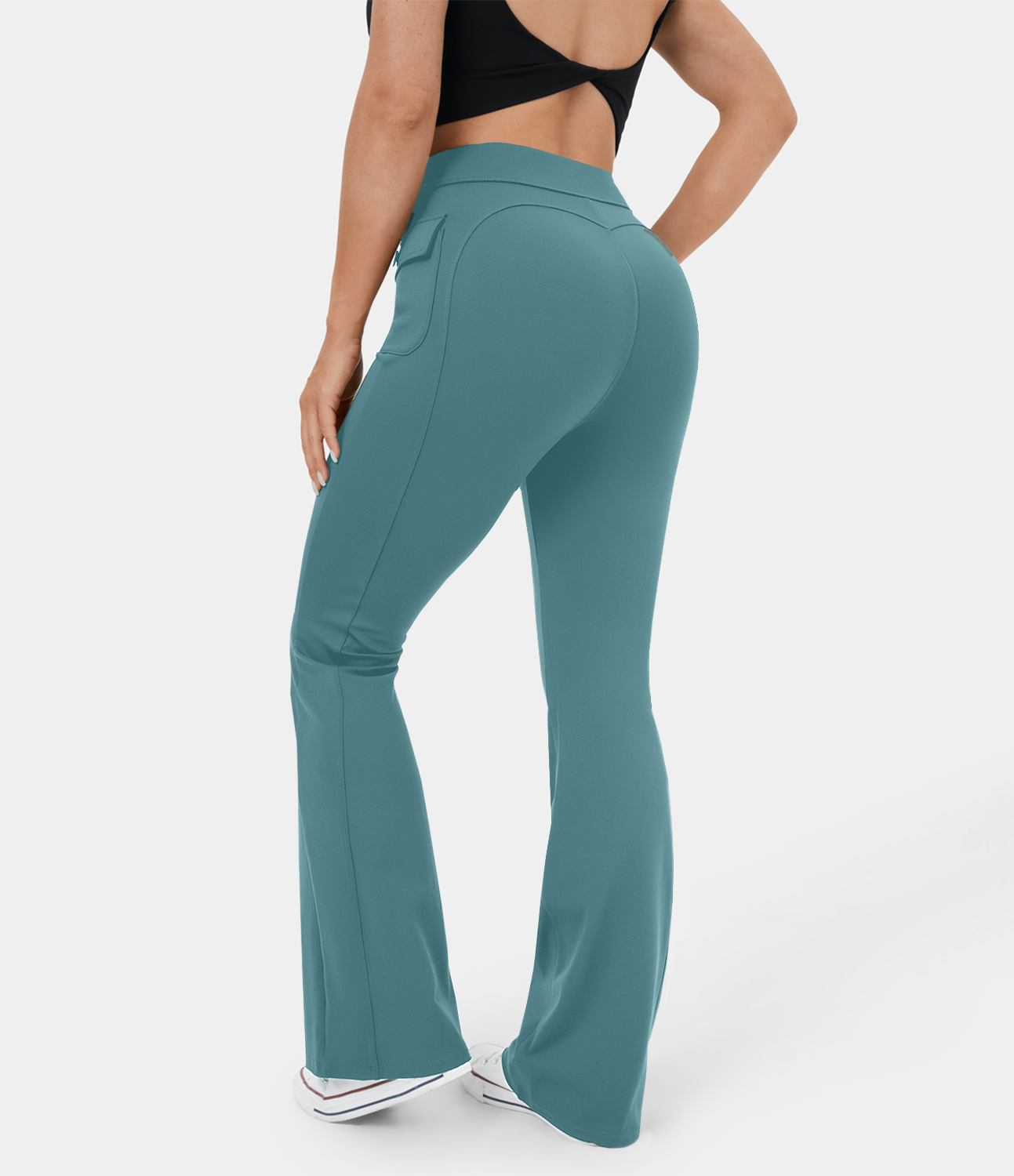 

Halara High Waisted Button Side Flap Pocket Flare Casual Cargo Pants - Stone Green
