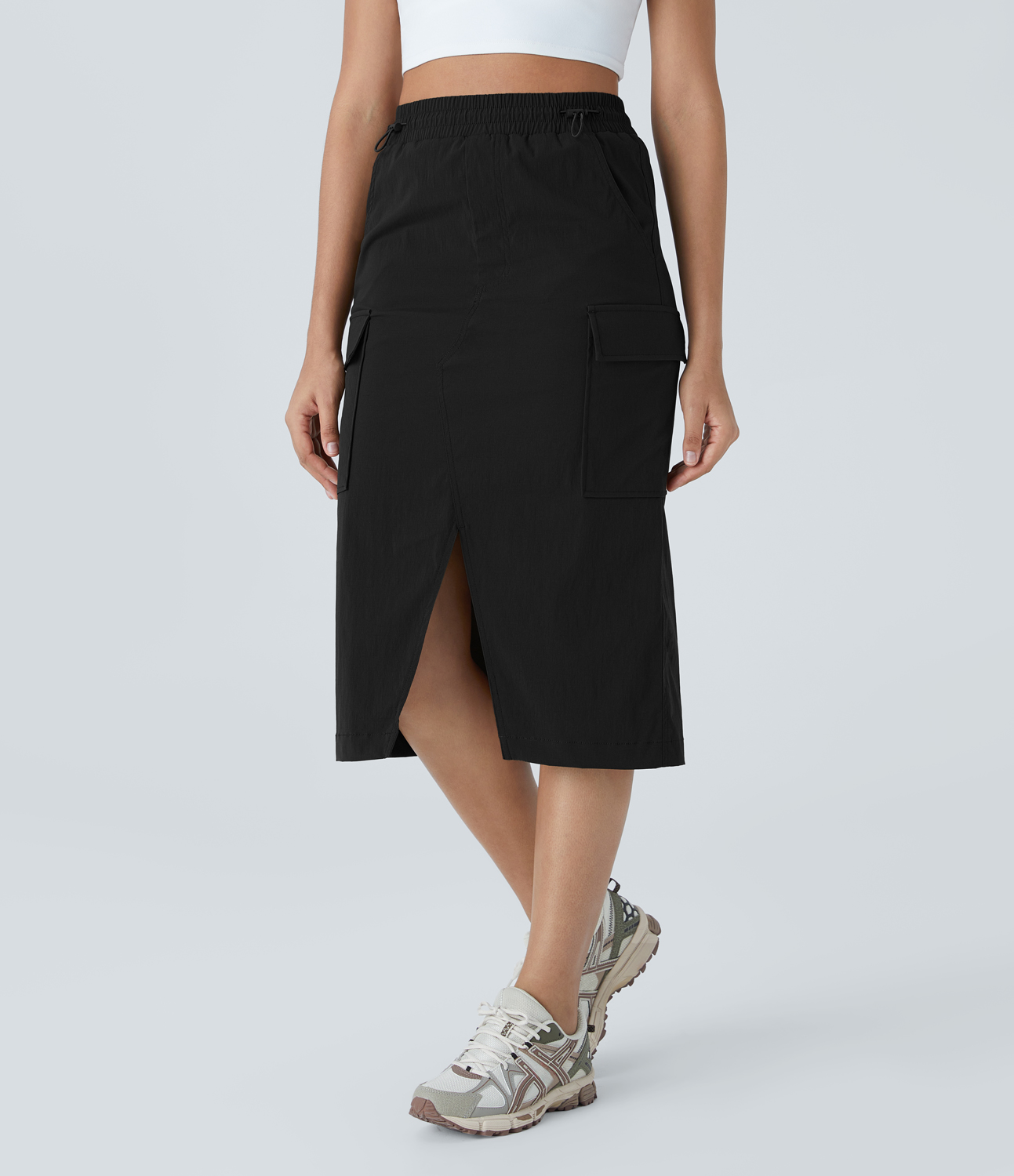 Halara Water Repellent High Waisted Double Adjustable Drawcord Multiple Pockets Split Hem Midi Ripstop Hiking Cargo Skirt  - Black - M(regular) 