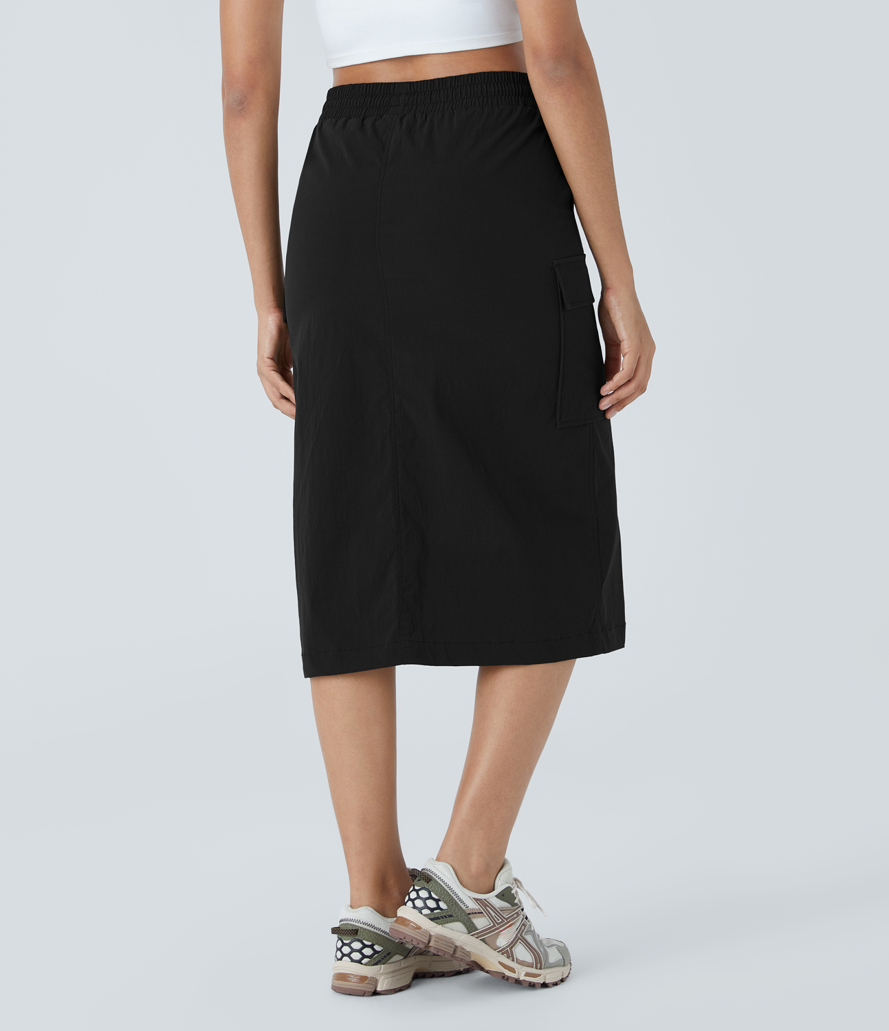 Halara Water Repellent High Waisted Double Adjustable Drawcord Multiple Pockets Split Hem Midi Ripstop Hiking Cargo Skirt  - Black - M(regular) 