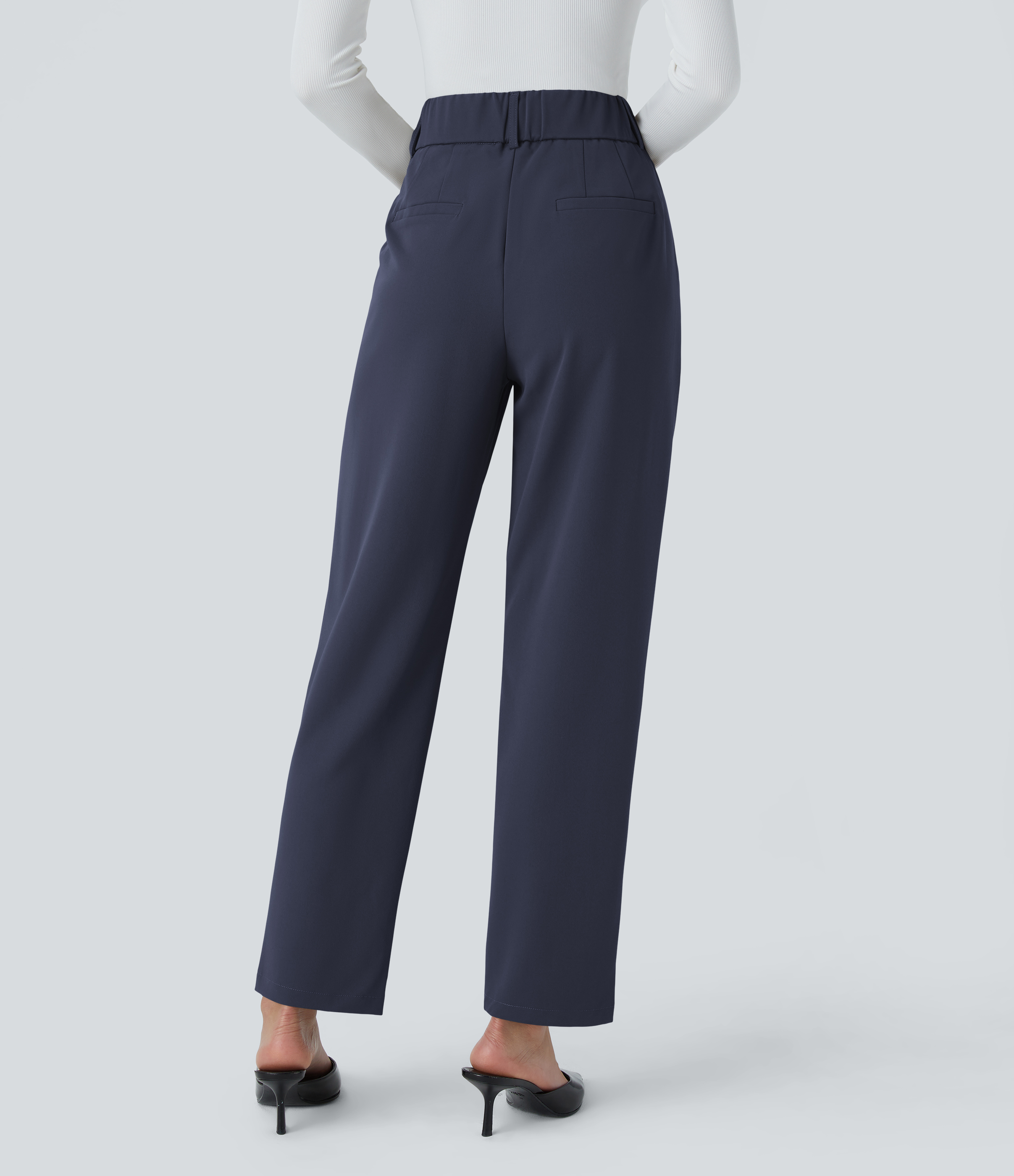 Halara High Waisted Side Pocket Solid Work Tapered Pants  - Black Iris - L(regular) sweatpants jogger pants stacked sweatpants cargo joggers 