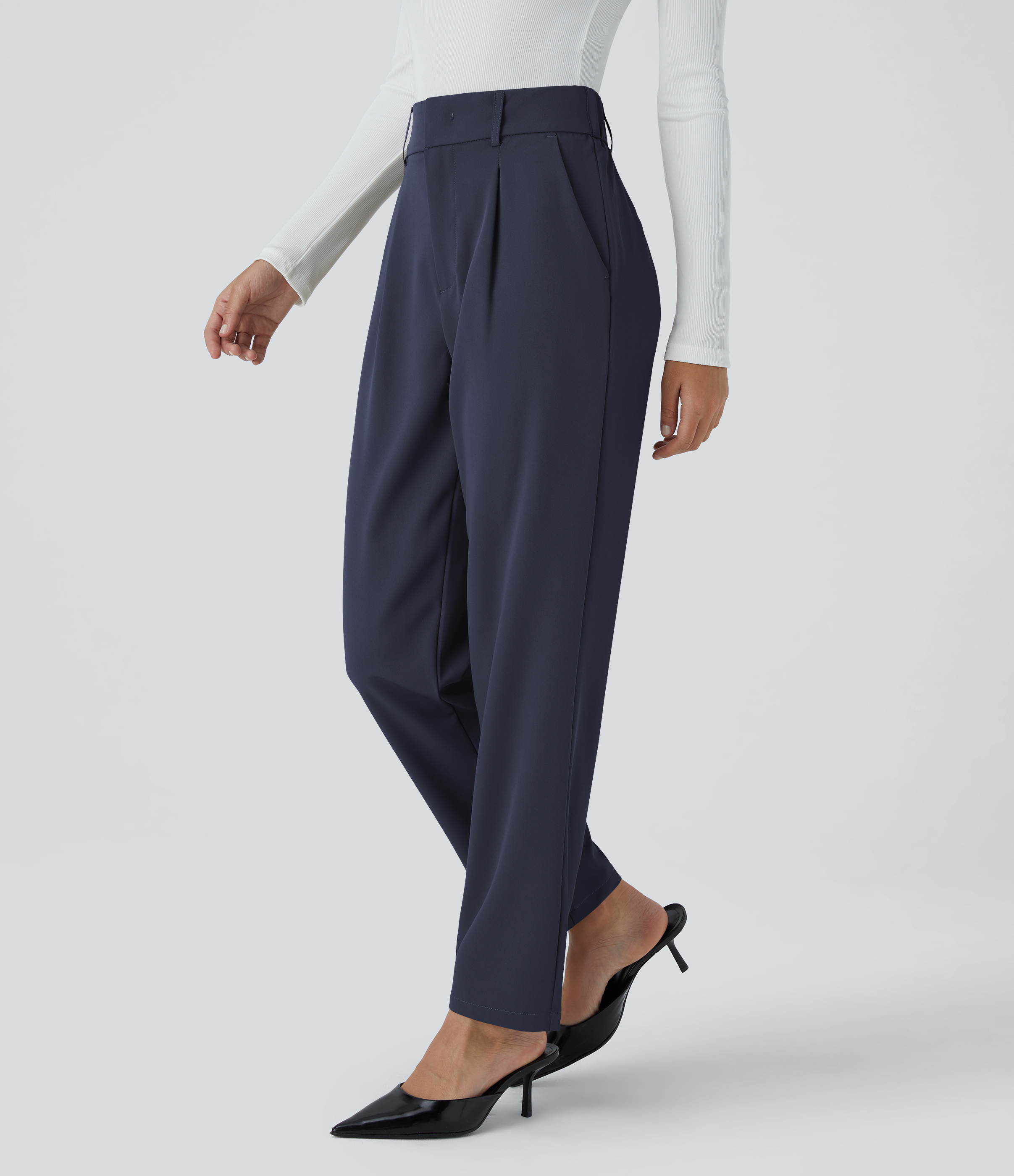 Halara High Waisted Side Pocket Solid Work Tapered Pants  - Black Iris - L(regular) sweatpants jogger pants stacked sweatpants cargo joggers 