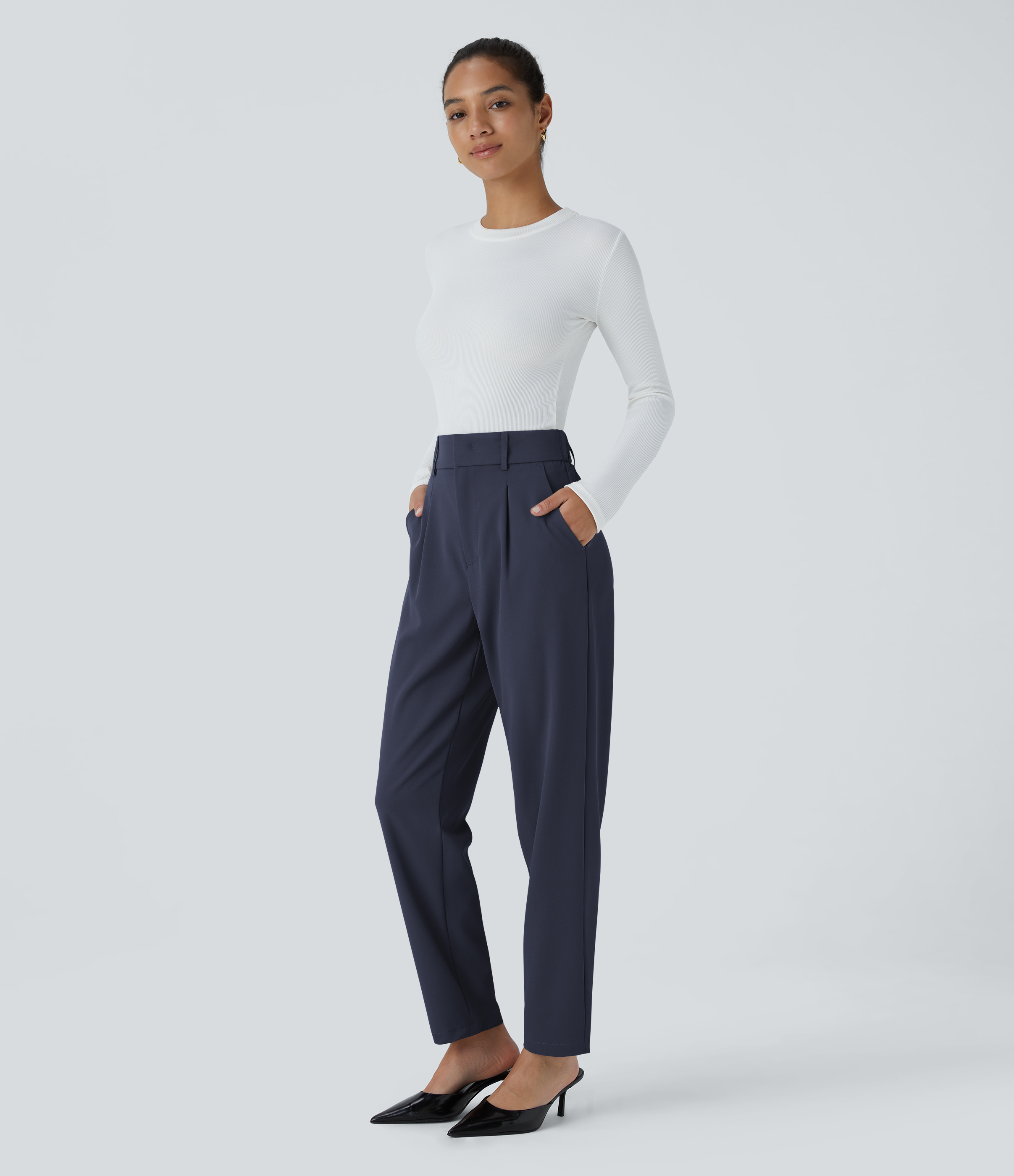 Halara High Waisted Side Pocket Solid Work Tapered Pants  - Black Iris - L(regular) sweatpants jogger pants stacked sweatpants cargo joggers 