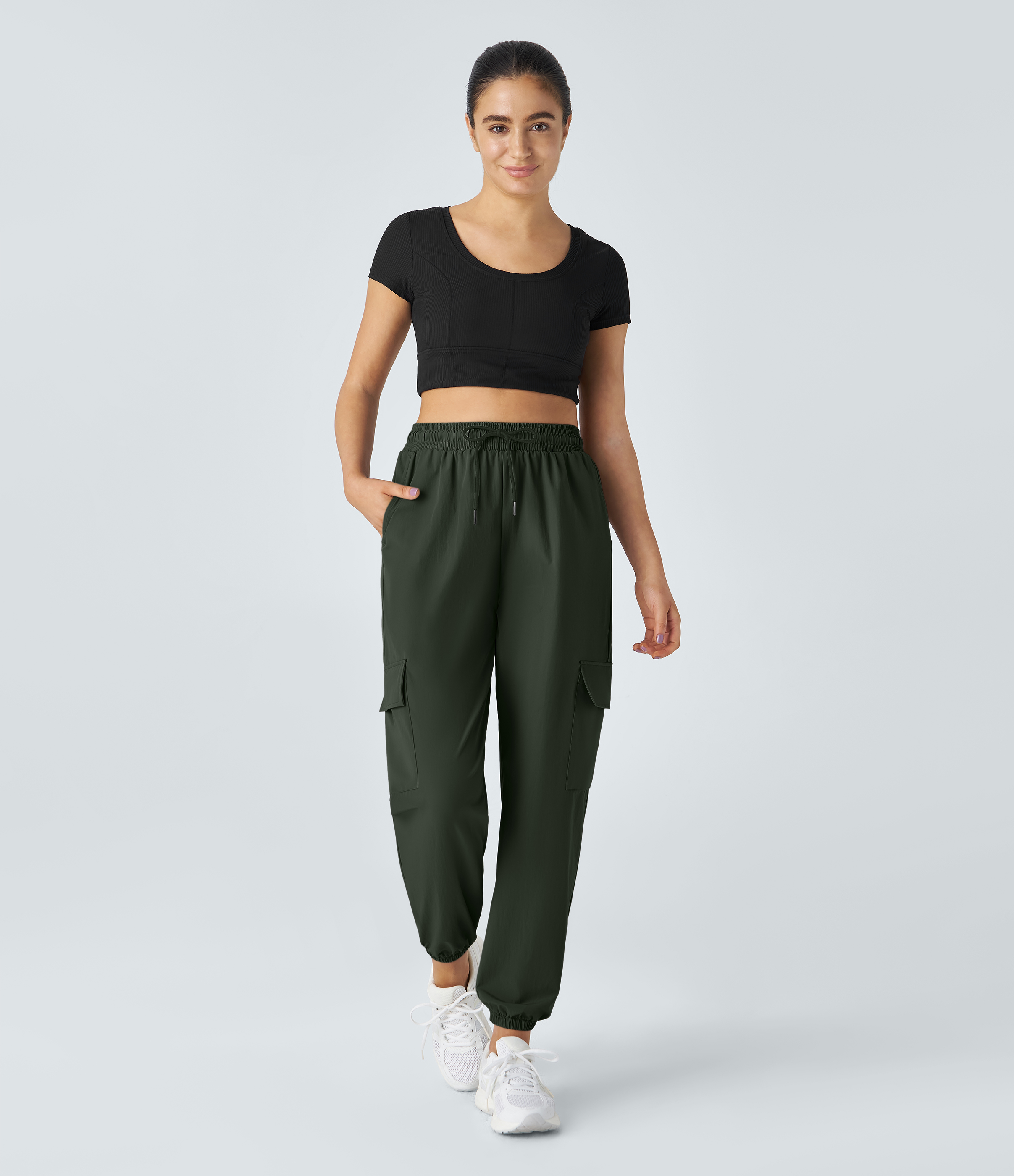 Halara Mid Rise Drawstring Side Pocket Casual Cargo Joggers  - Rosin - M 
