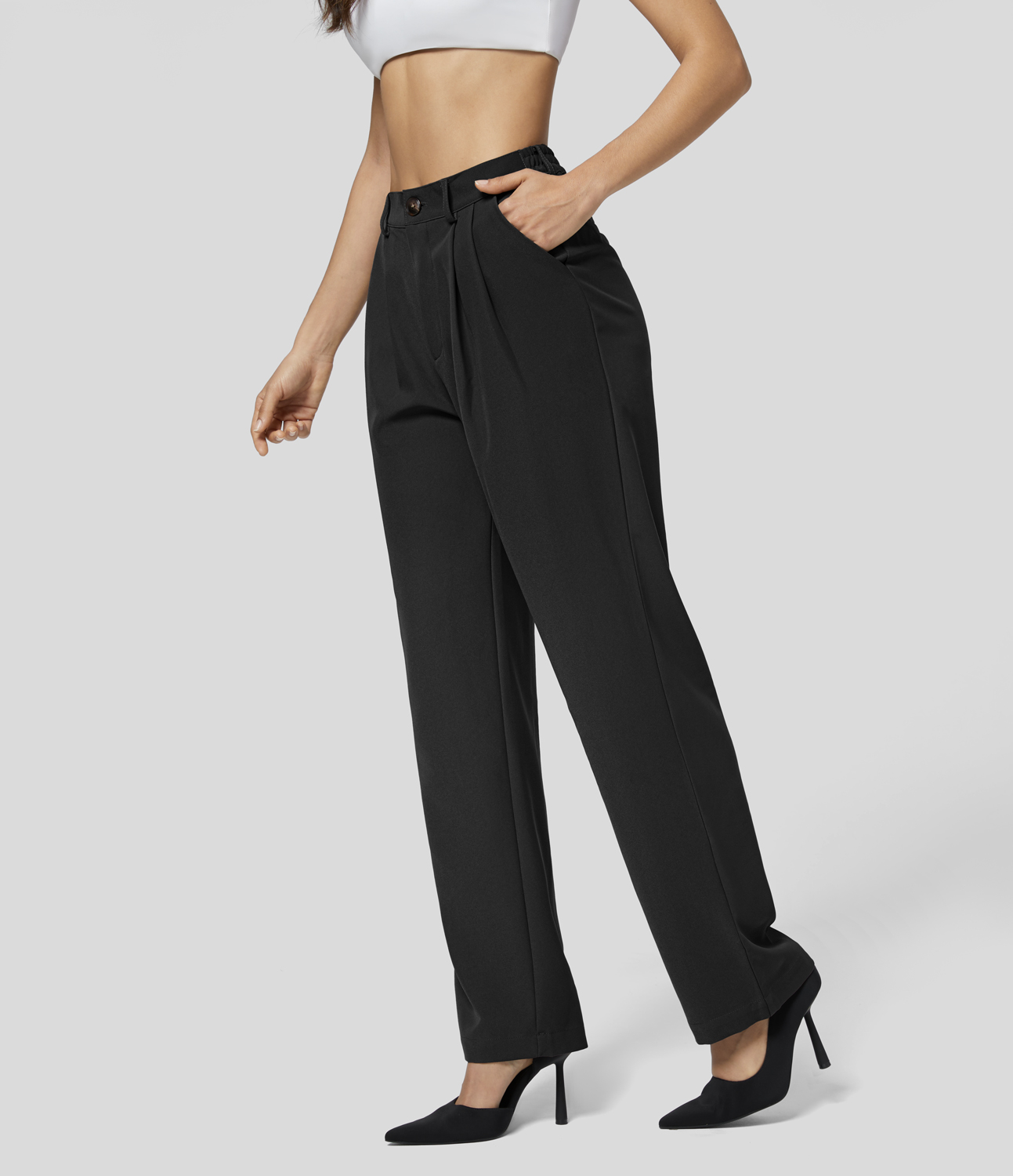 Halara High Waisted Button Zipper Plicated Side Pocket Work Pants  - Black - M(regular) sweatpants jogger pants stacked sweatpants 