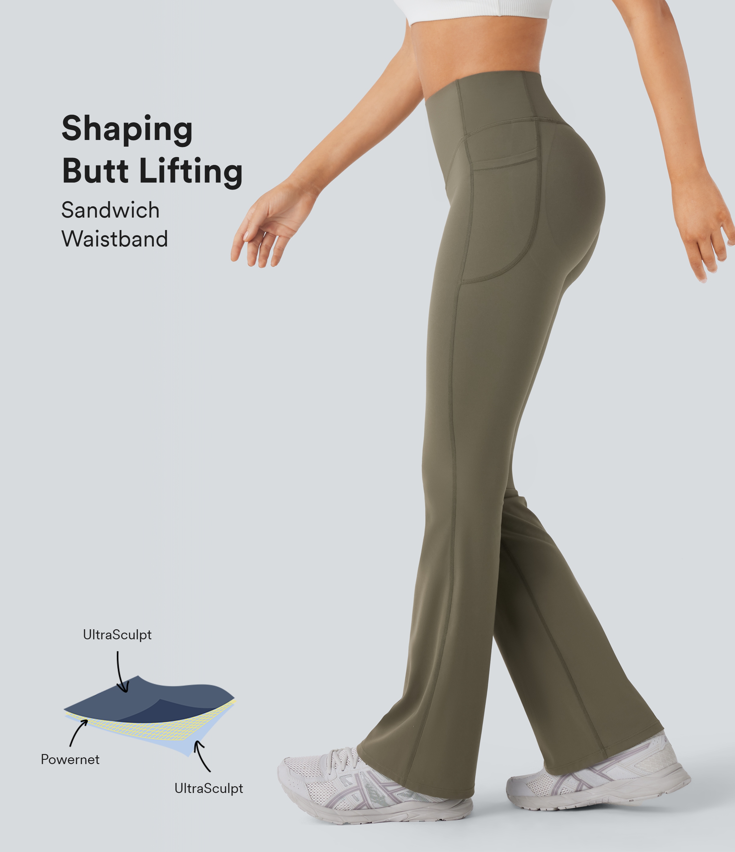 Halara SoCinched High Waisted Butt Lifting Tummy Control Side Pocket Shaping Yoga UltraSculpt Bootcut Leggings  - Grass Grey Green - M(regular) 