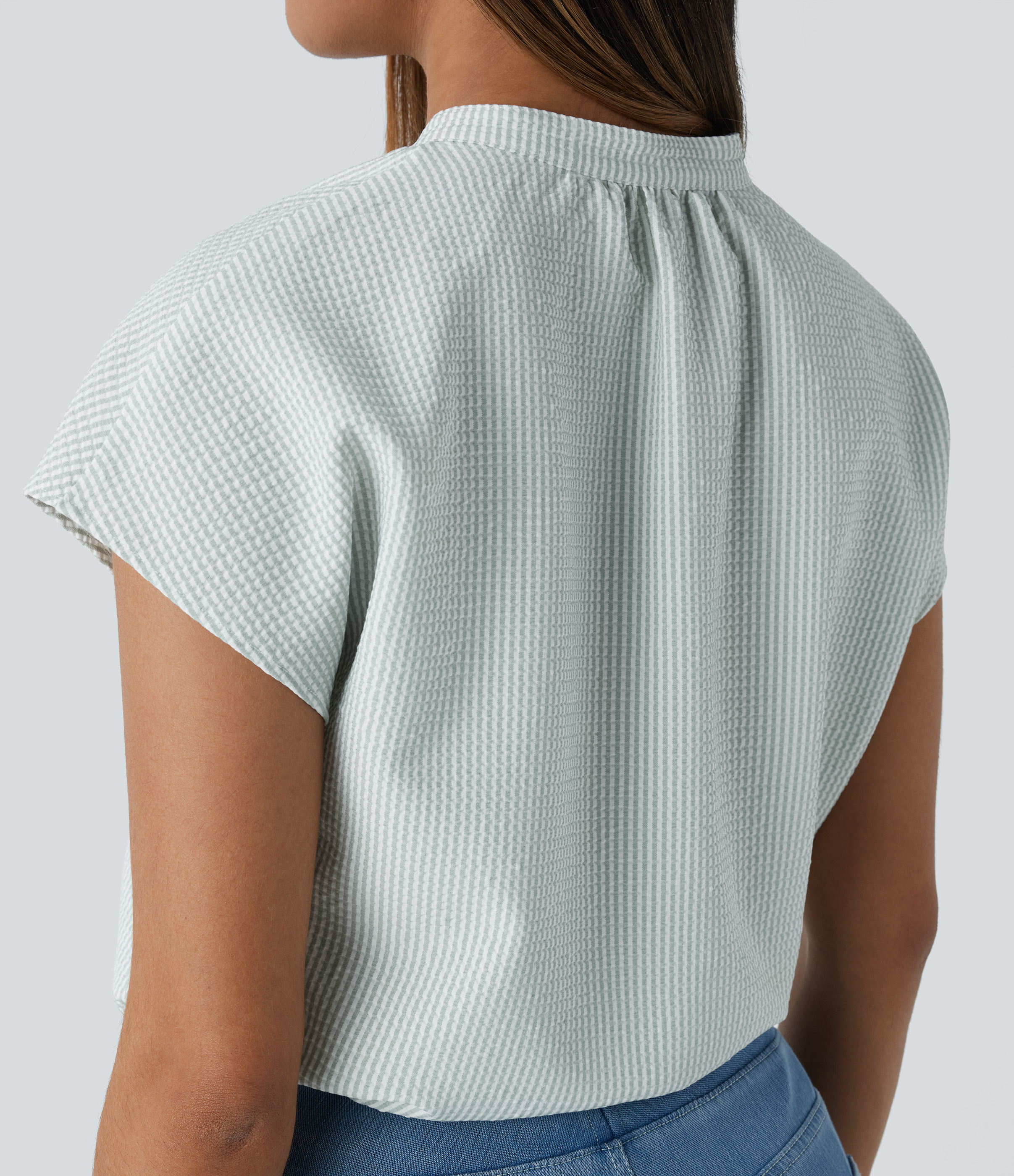 Halara V Neck Short Sleeve Curved Hem Stripe Casual Top Tank Top - Light Green White Stripe - XS golf tops halter top tunic tops 