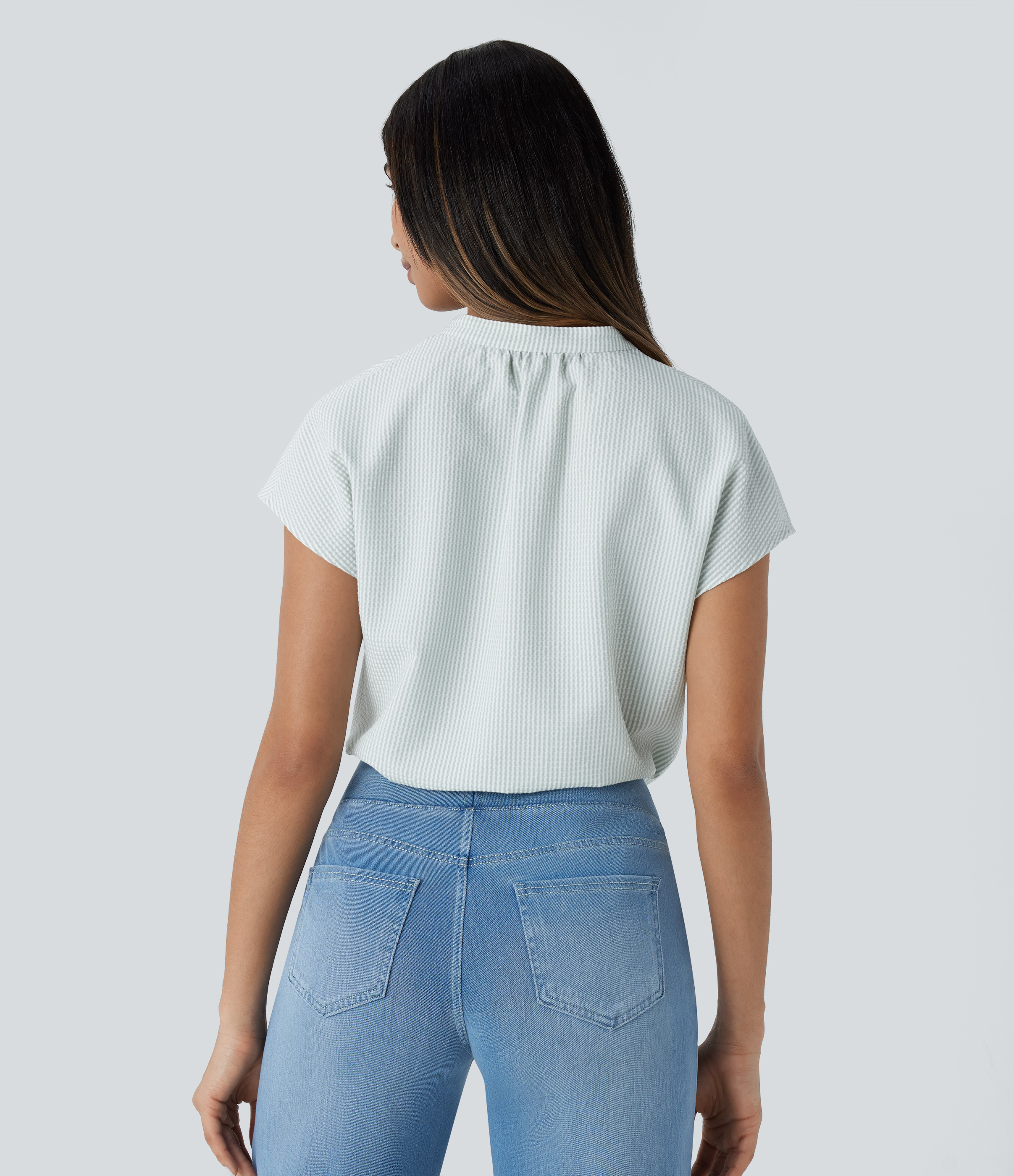 Halara V Neck Short Sleeve Curved Hem Stripe Casual Top Tank Top - Light Green White Stripe - XS golf tops halter top tunic tops 