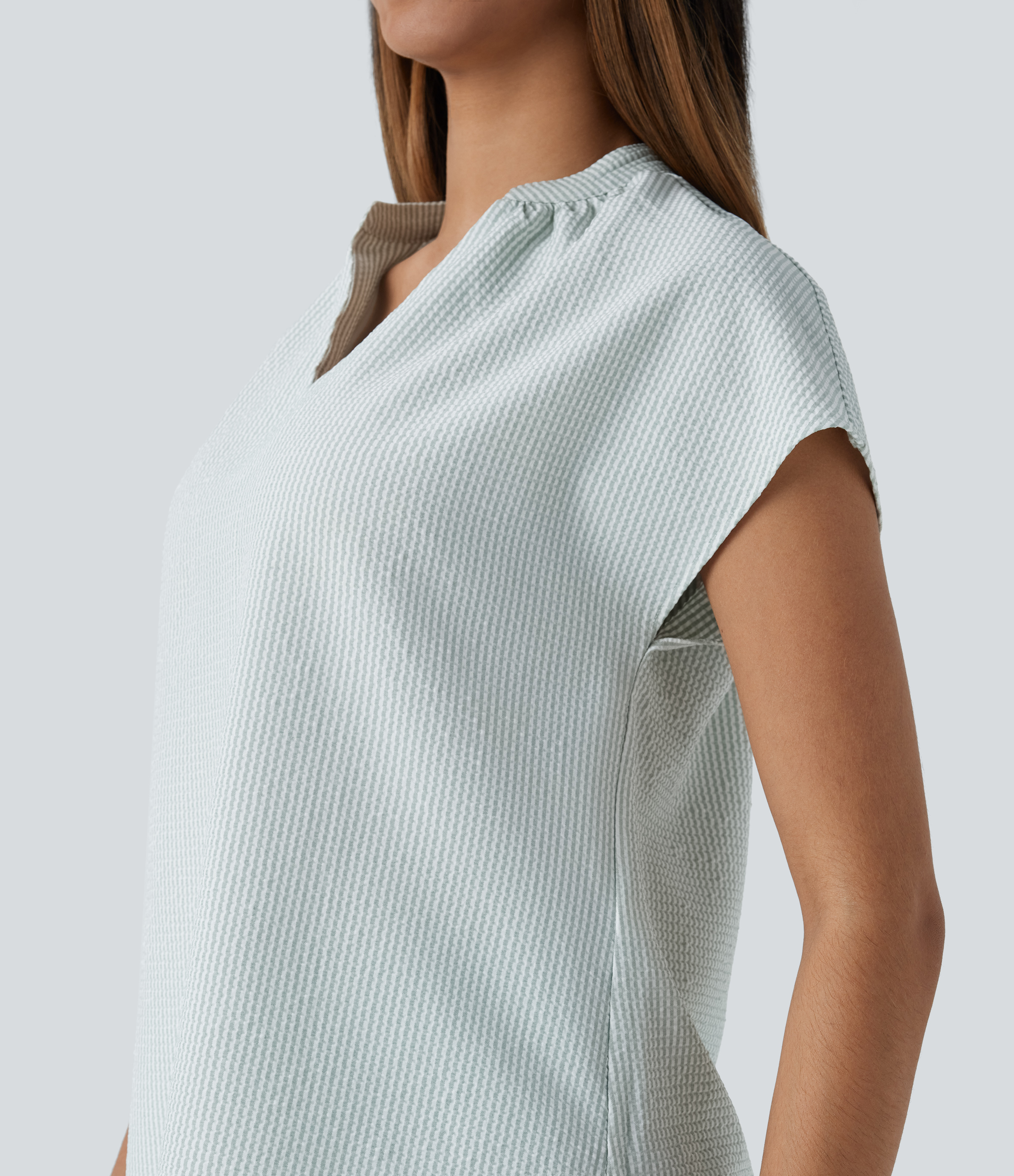 Halara V Neck Short Sleeve Curved Hem Stripe Casual Top Tank Top - Light Green White Stripe - XS golf tops halter top tunic tops 