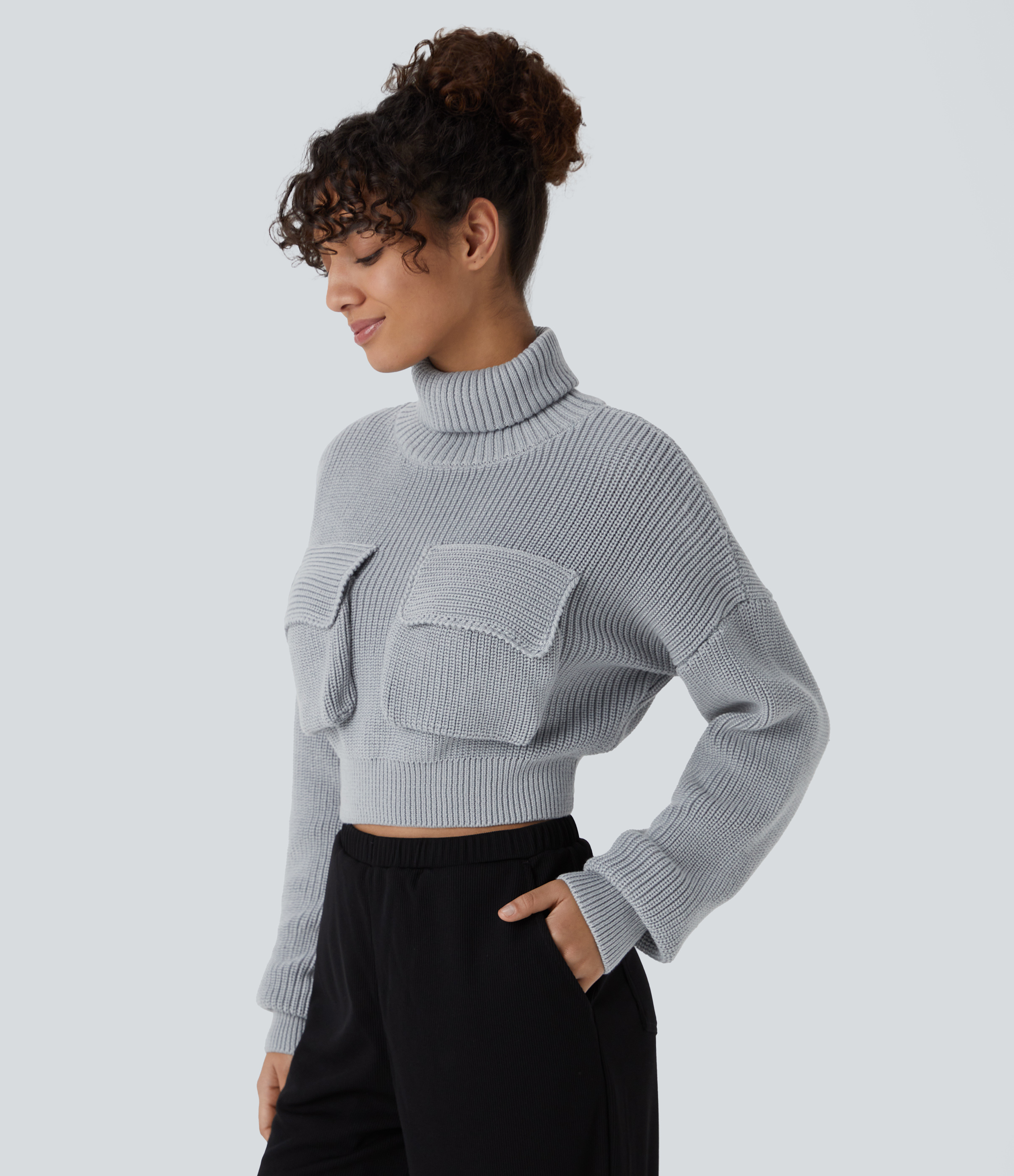 Halara High Neck Dropped Shoulder Flap Pocket Cropped Casual Sweater  - Grey - M 
