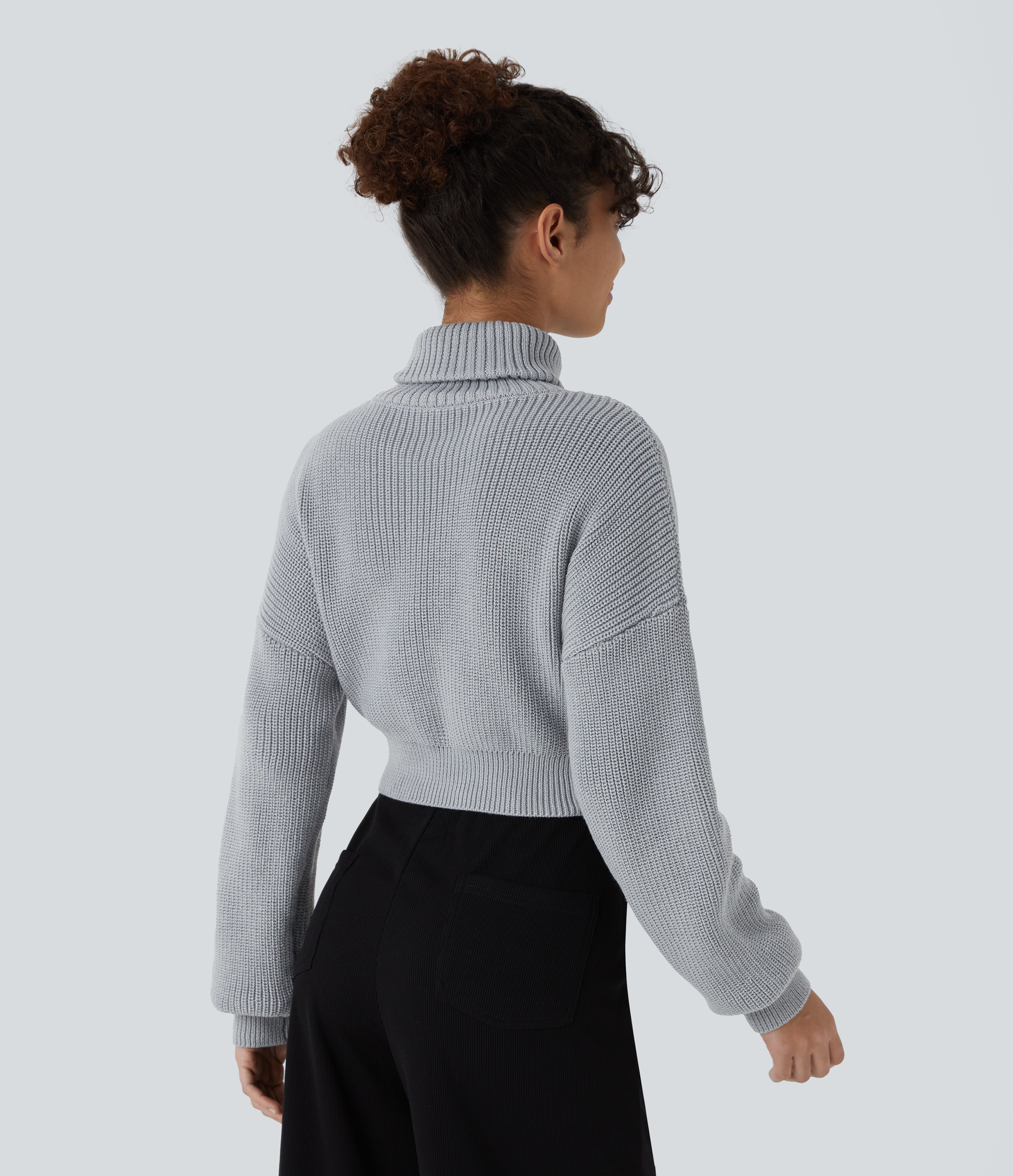 Halara High Neck Dropped Shoulder Flap Pocket Cropped Casual Sweater  - Grey - M 