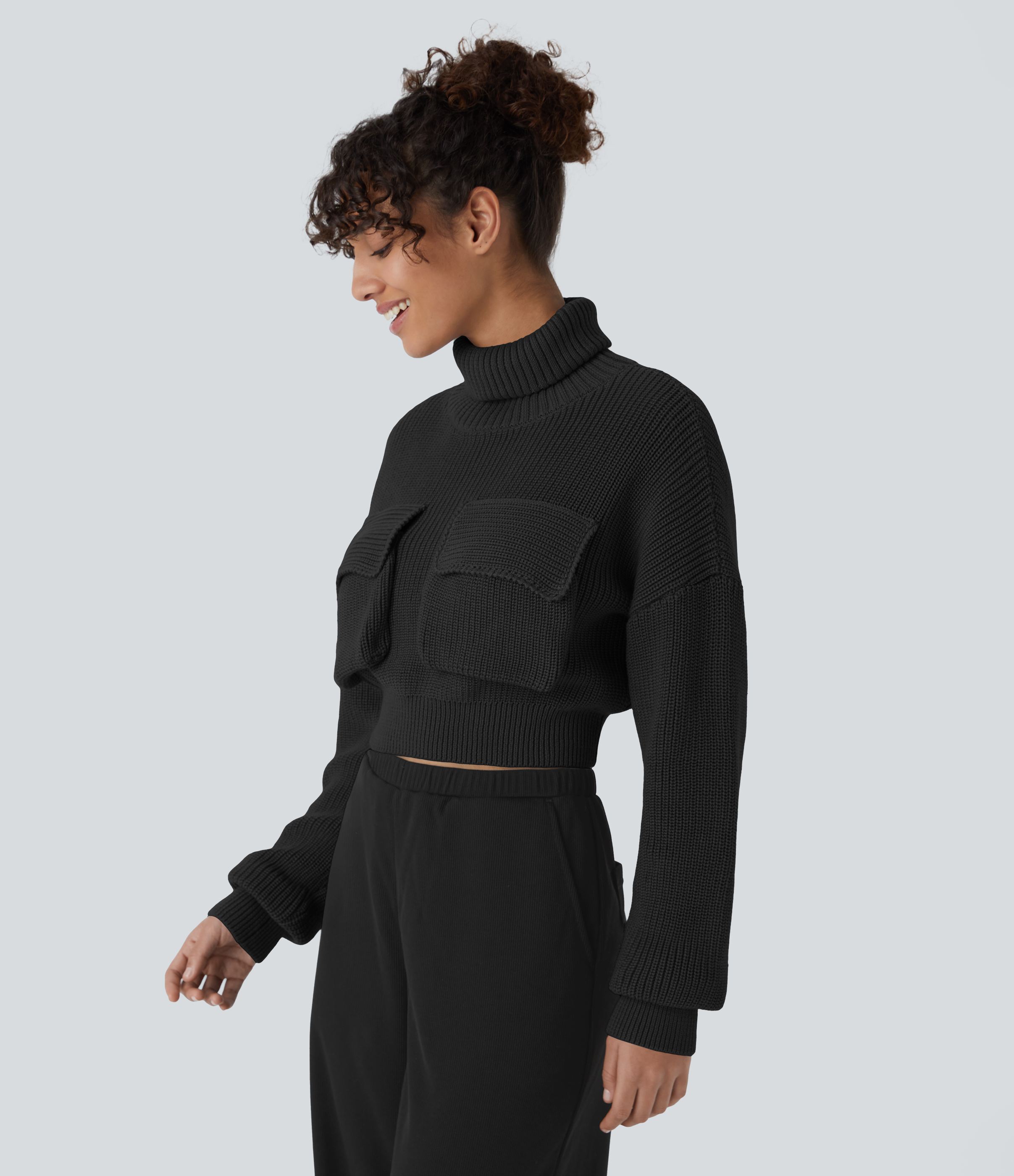 Halara High Neck Dropped Shoulder Flap Pocket Cropped Casual Sweater  - Black - L 