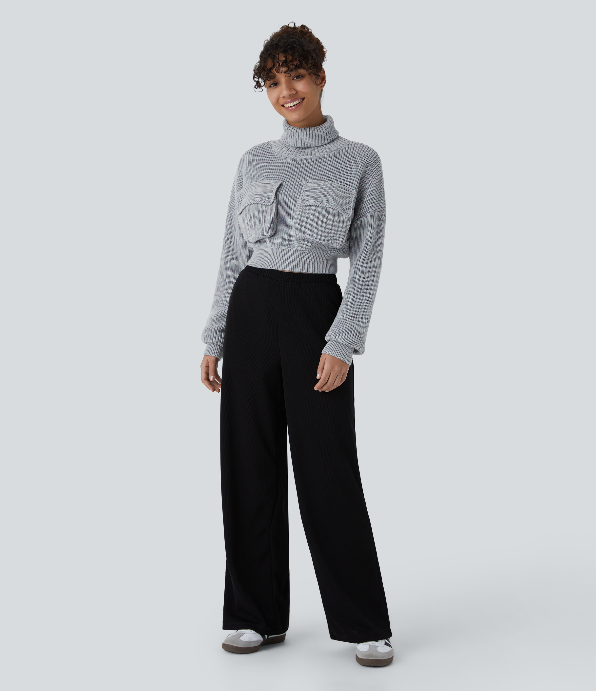 Halara High Neck Dropped Shoulder Flap Pocket Cropped Casual Sweater  - Grey - M 