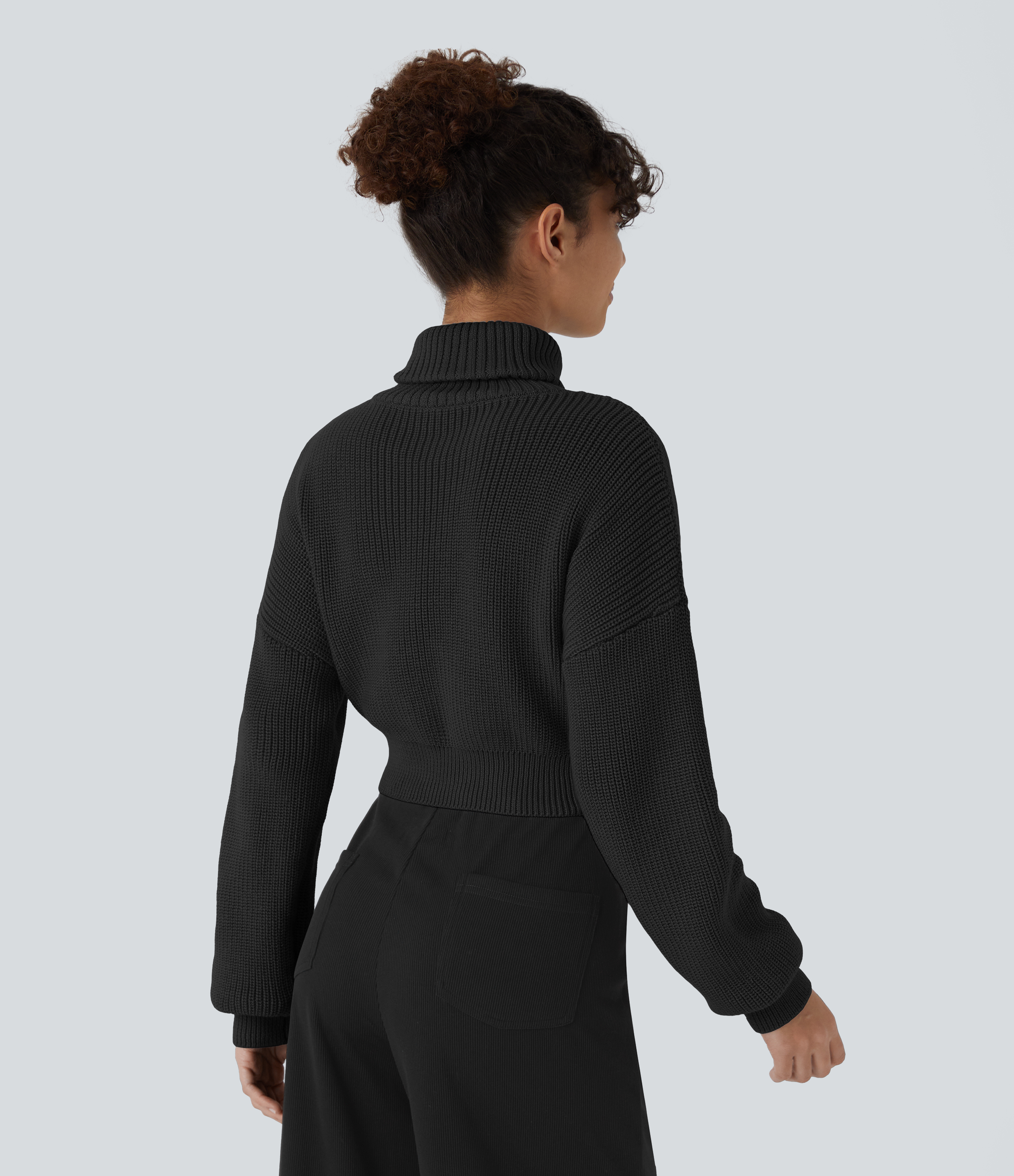 Halara High Neck Dropped Shoulder Flap Pocket Cropped Casual Sweater  - Black - L 