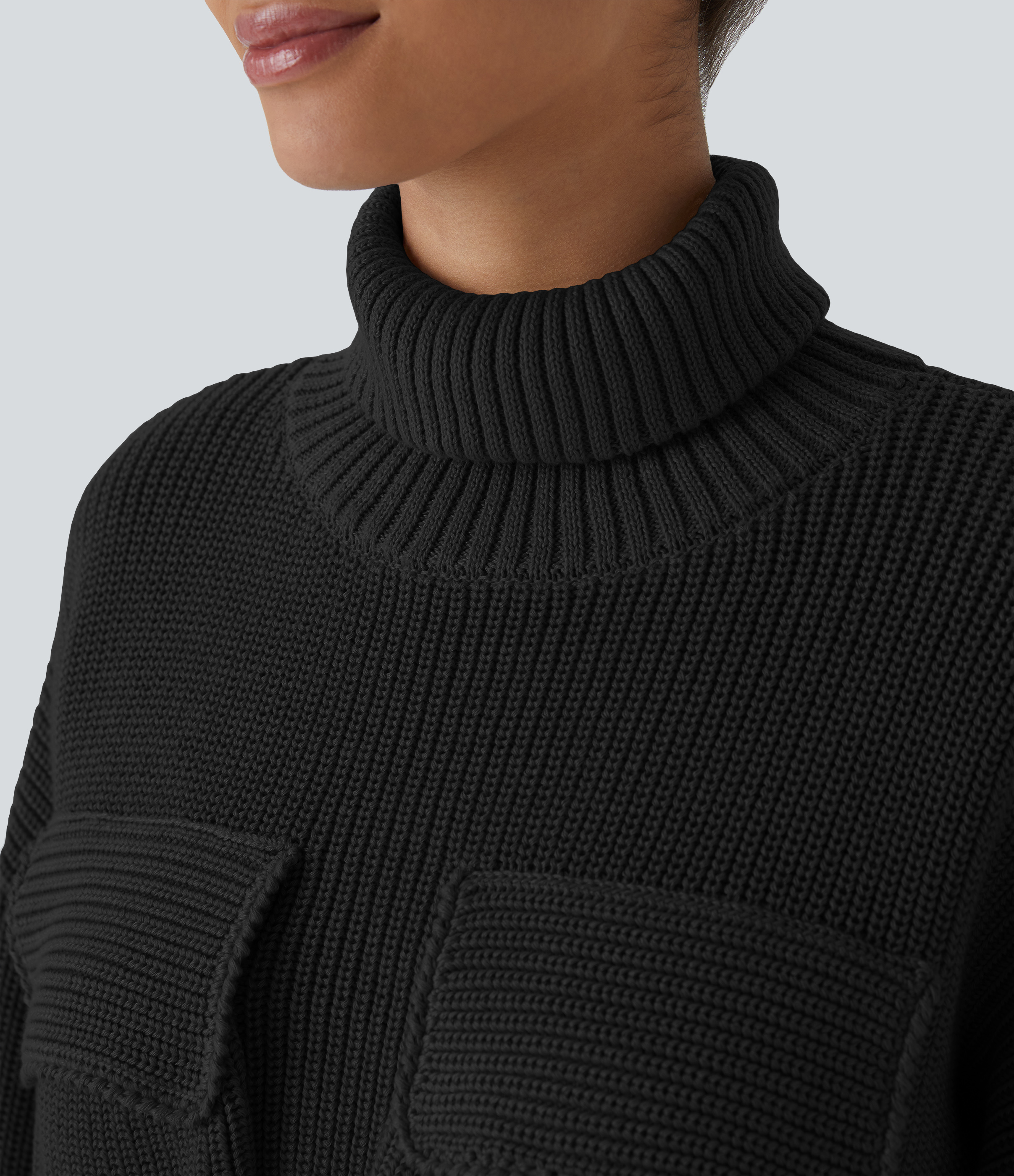 Halara High Neck Dropped Shoulder Flap Pocket Cropped Casual Sweater  - Black - L 