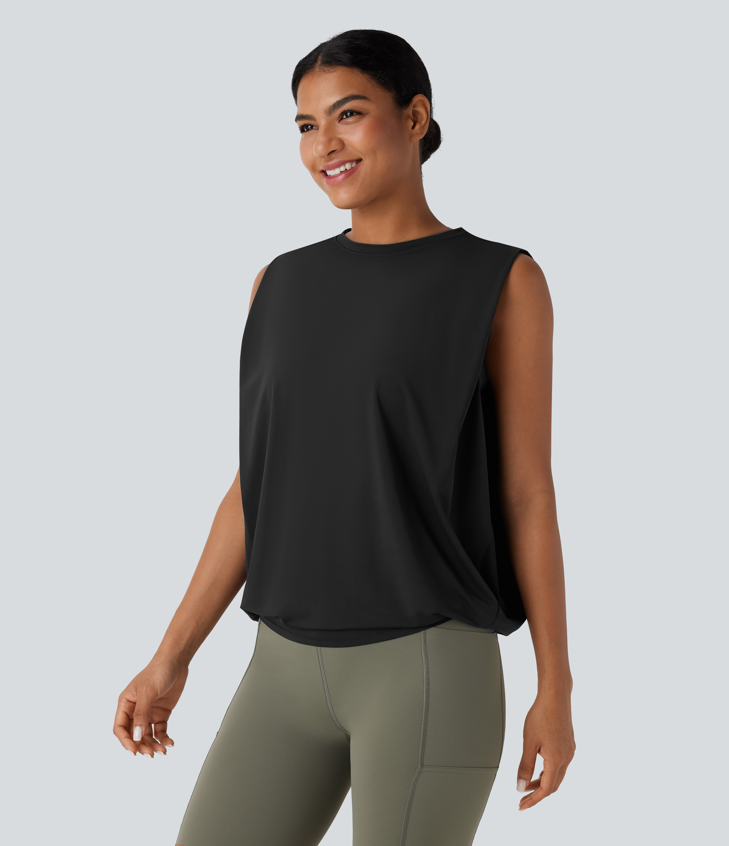 Halara Round Neck Ruched Cool Touch Yoga Tank Top Tank Top - Black - XS golf tops halter top tunic tops sleeveless tops backless top 