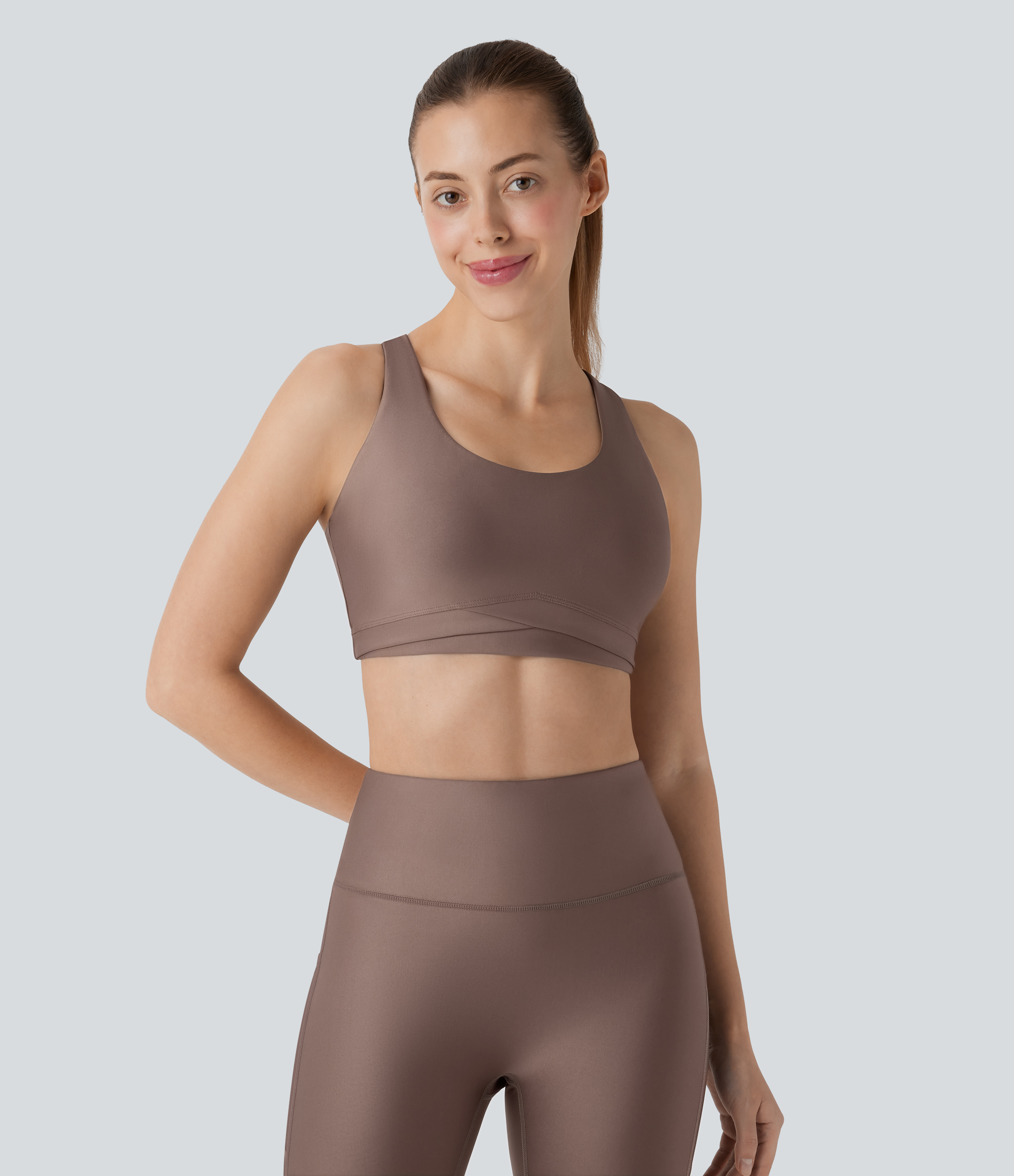 Halara Medium Support Backless Crisscross Adjustable Hook Sheen Workout Sports Bra  - Hay Brown - XL push up bra strapless bra backless bra 