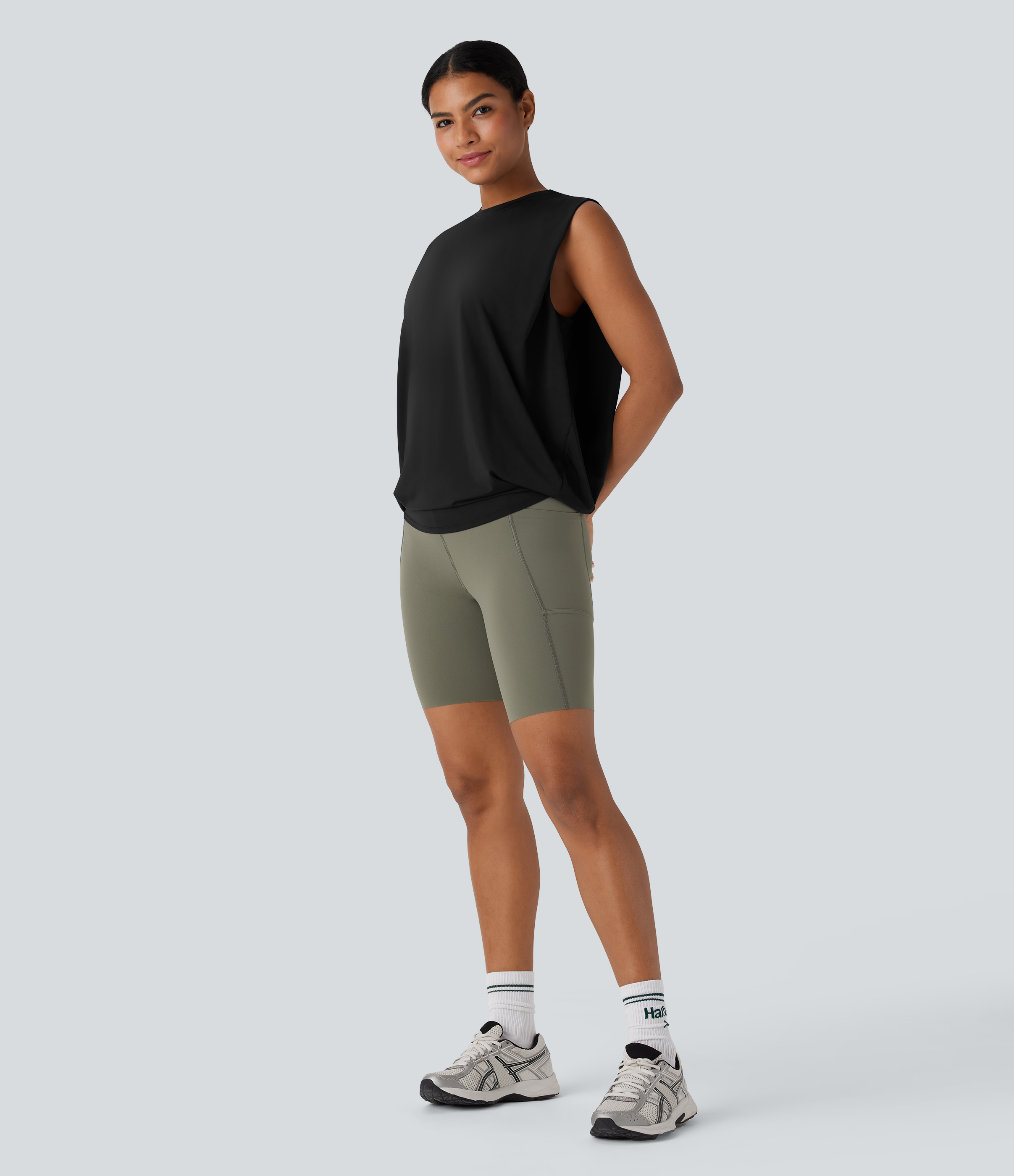 Halara Round Neck Ruched Cool Touch Yoga Tank Top Tank Top - Black - XS golf tops halter top tunic tops sleeveless tops backless top 
