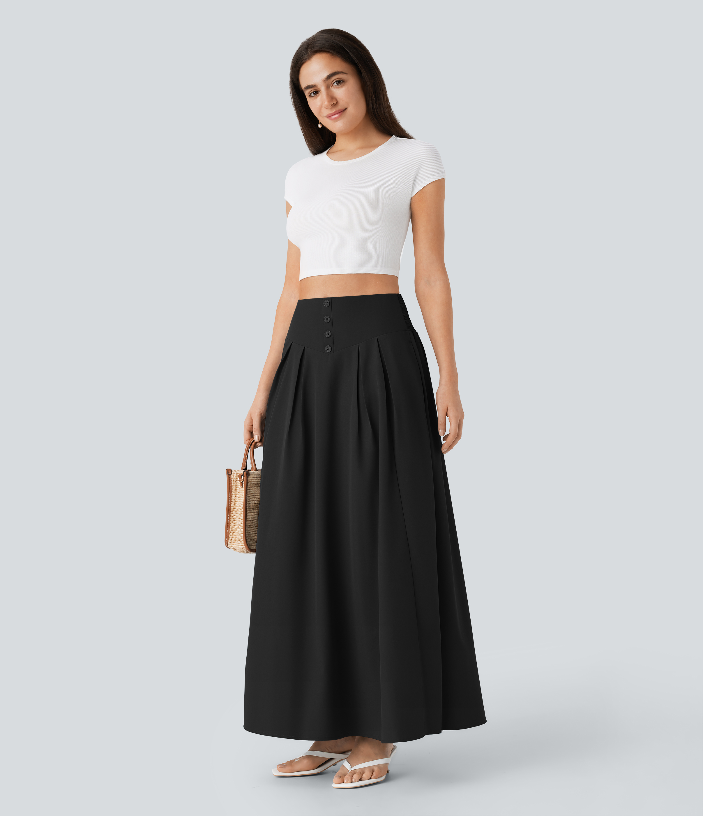 Halara High Waisted Decorative Button Side Pocket Shirred Flowy Maxi Resort Skirt  - Black - L(regular) 