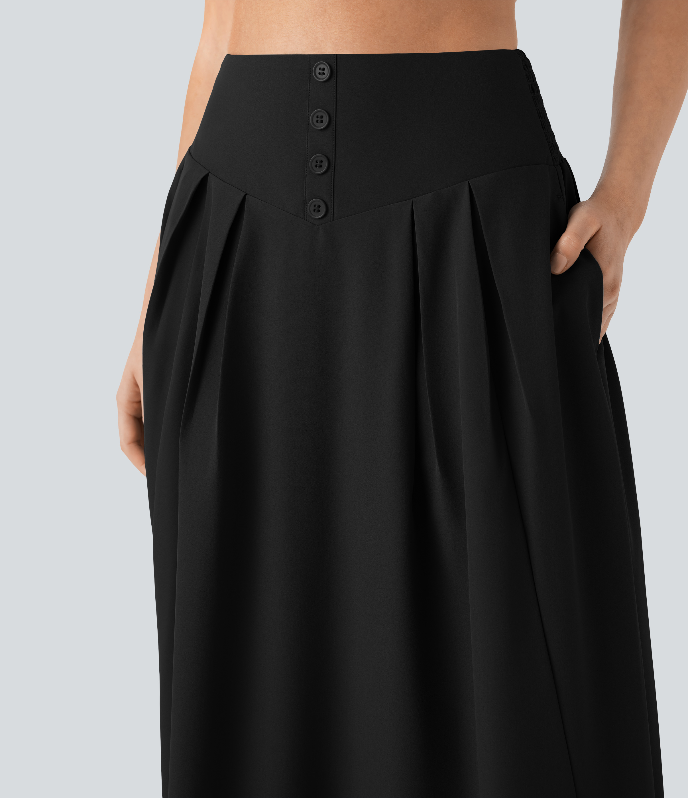 Halara High Waisted Decorative Button Side Pocket Shirred Flowy Maxi Resort Skirt  - Black - L(regular) 