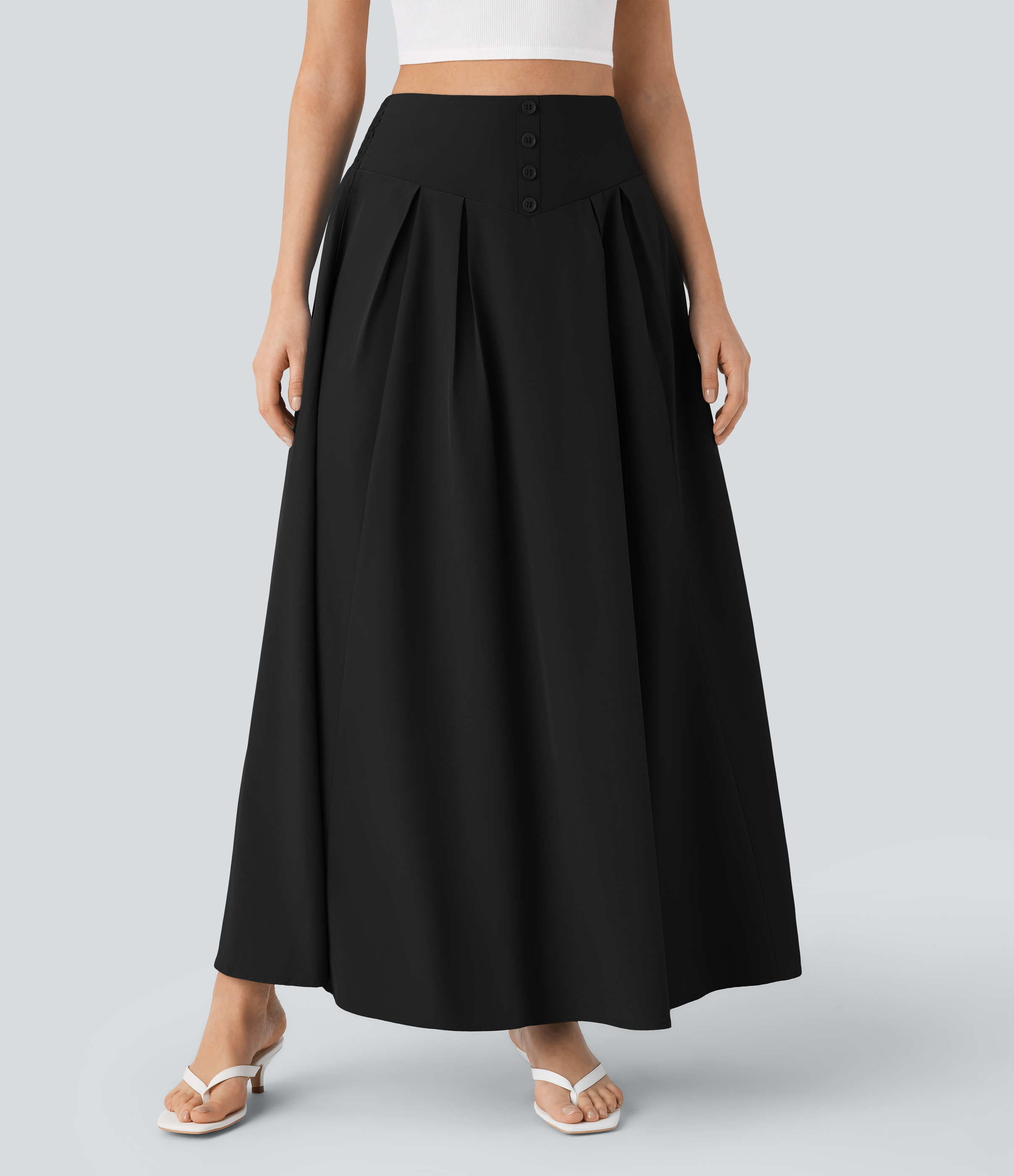 Halara High Waisted Decorative Button Side Pocket Shirred Flowy Maxi Resort Skirt  - Black - L(regular) 