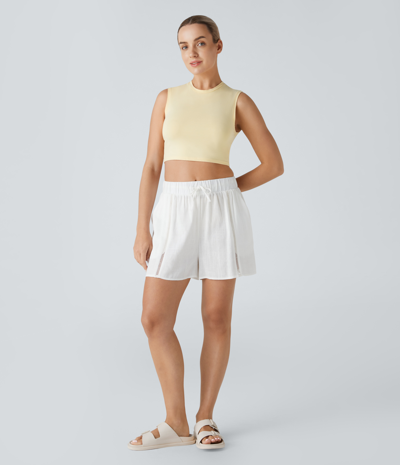 Halara Mid Rise Drawstring Side Pocket 2-in-1 Casual Linen-Blend Shorts  - White - L 