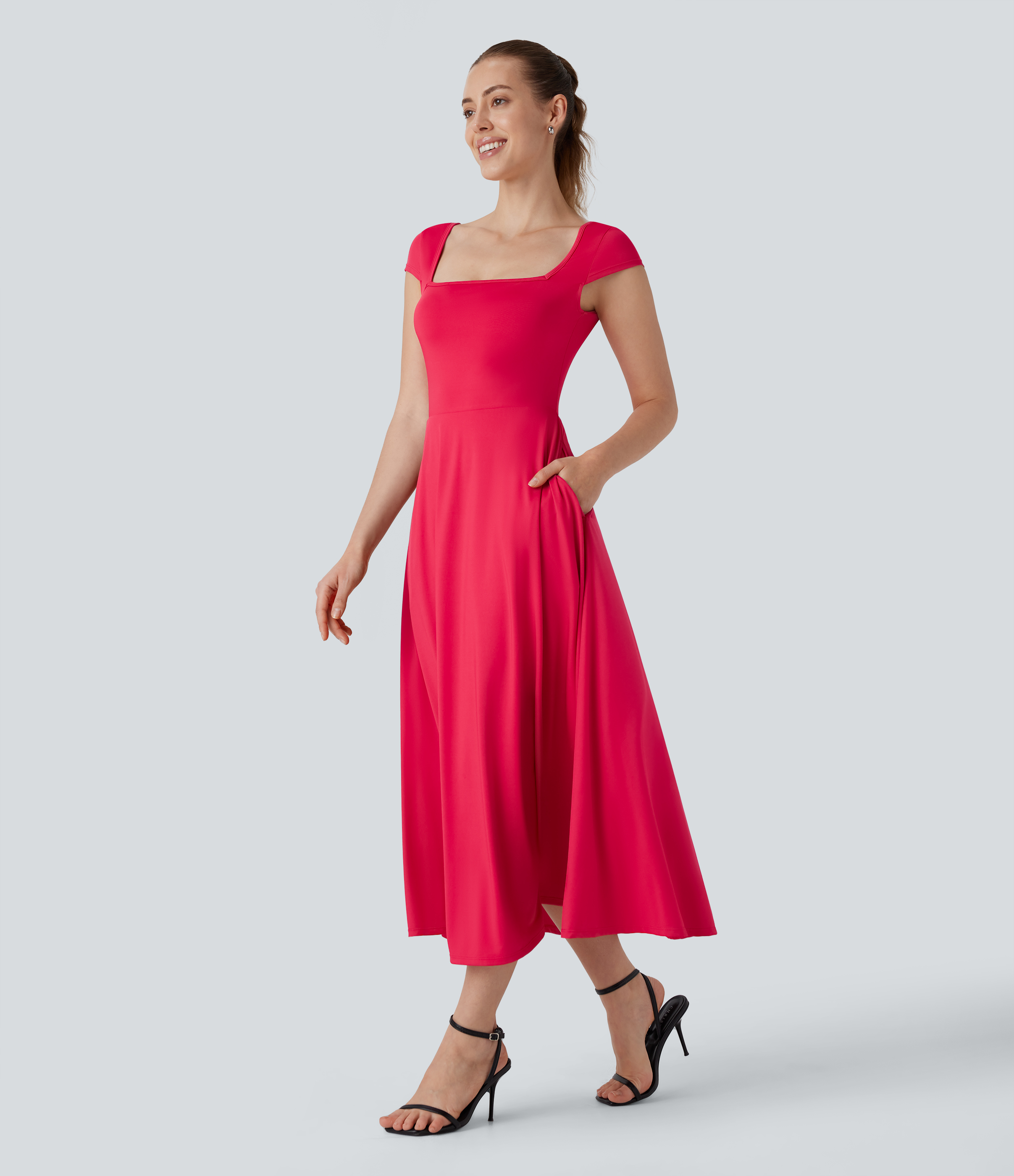 Halara Square Neck Short Sleeve Side Pocket Flowy Midi Casual Dress Casual Dress - Hibiscus - XS slip dress beach dress ruched dress 