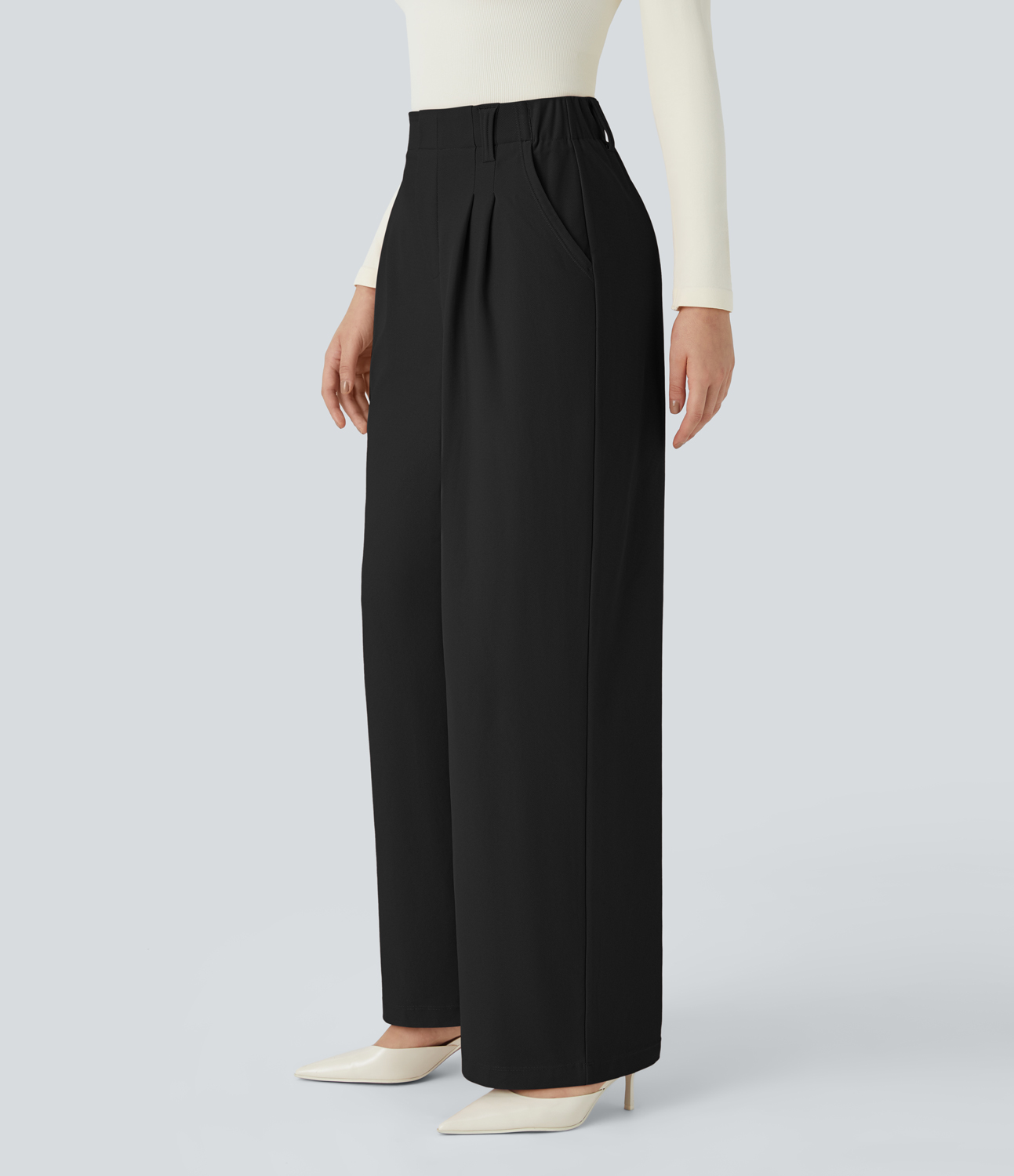 Halara HalaraFlexв„ў High Waisted Plicated Side Pocket Wide Leg Twill Work Pants  - Black - XS(regular) sweatpants jogger pants 