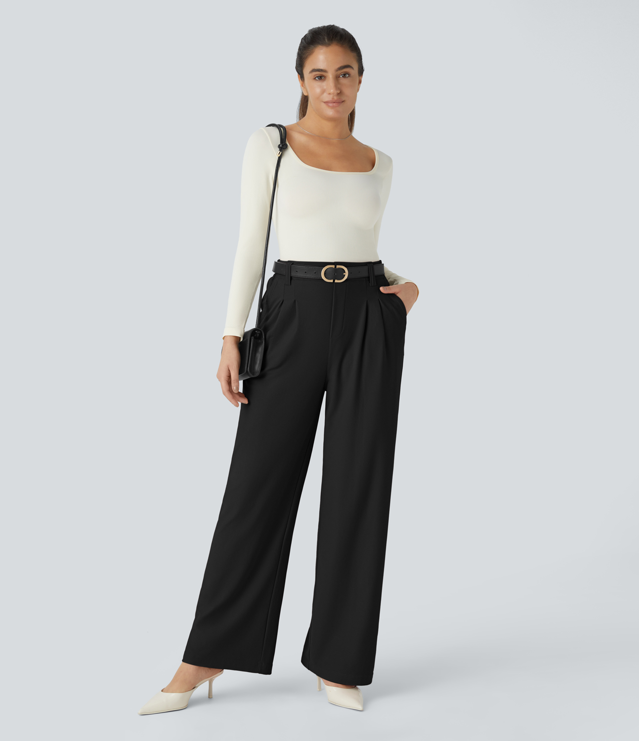 Halara HalaraFlexв„ў High Waisted Plicated Side Pocket Wide Leg Twill Work Pants  - Black - XS(regular) sweatpants jogger pants 