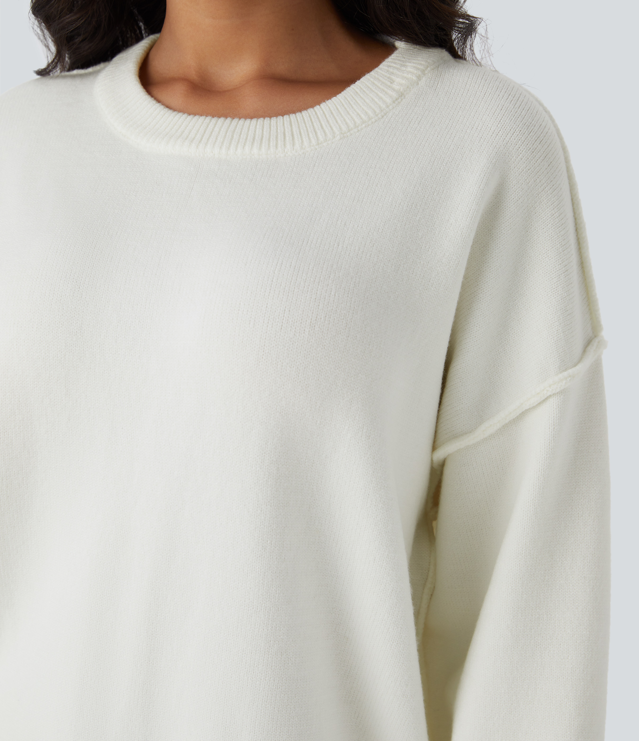 Halara Round Neck Dropped Shoulder Long Sleeve Casual Sweater  - White - S 