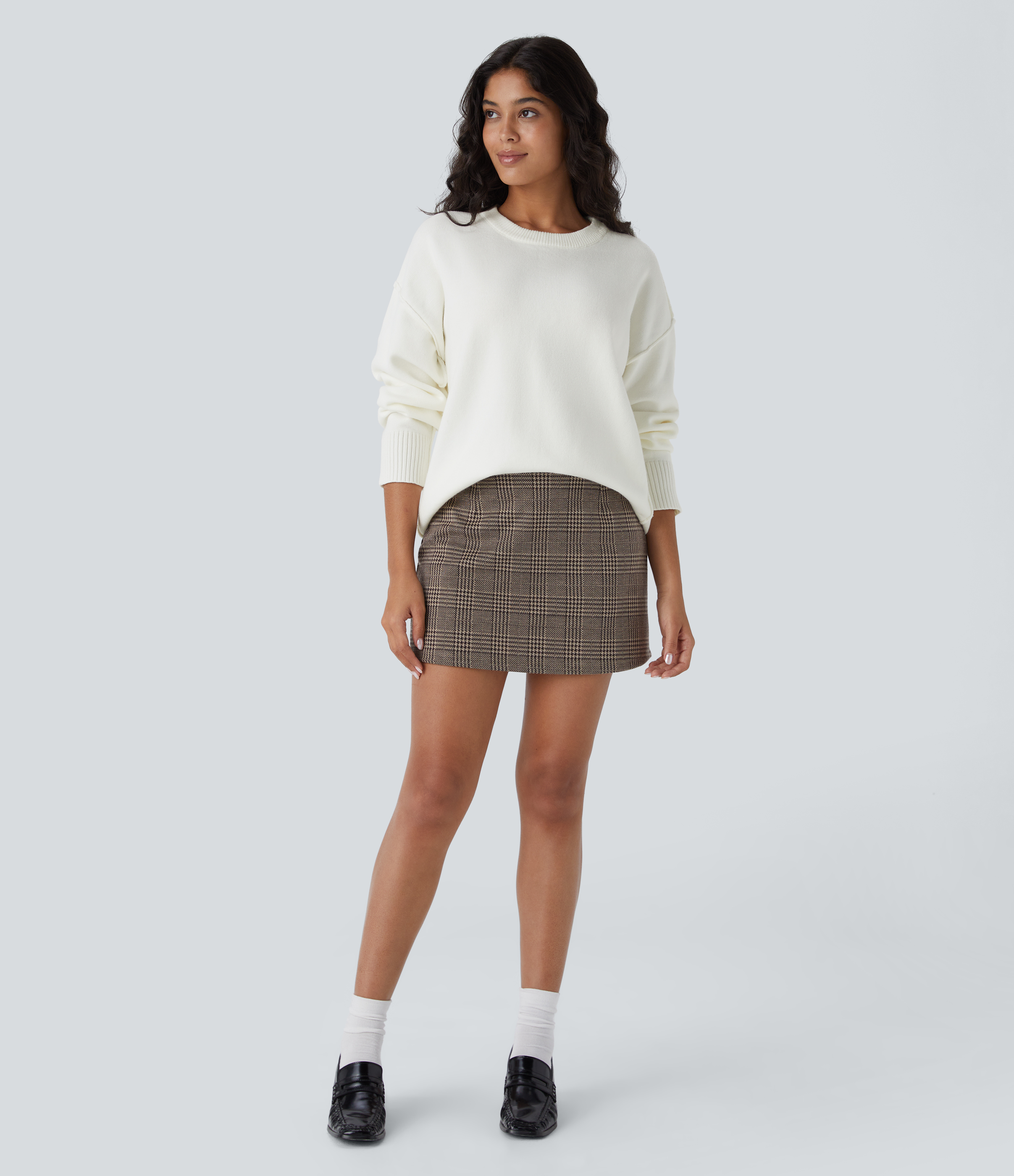 Halara Round Neck Dropped Shoulder Long Sleeve Casual Sweater  - White - S 