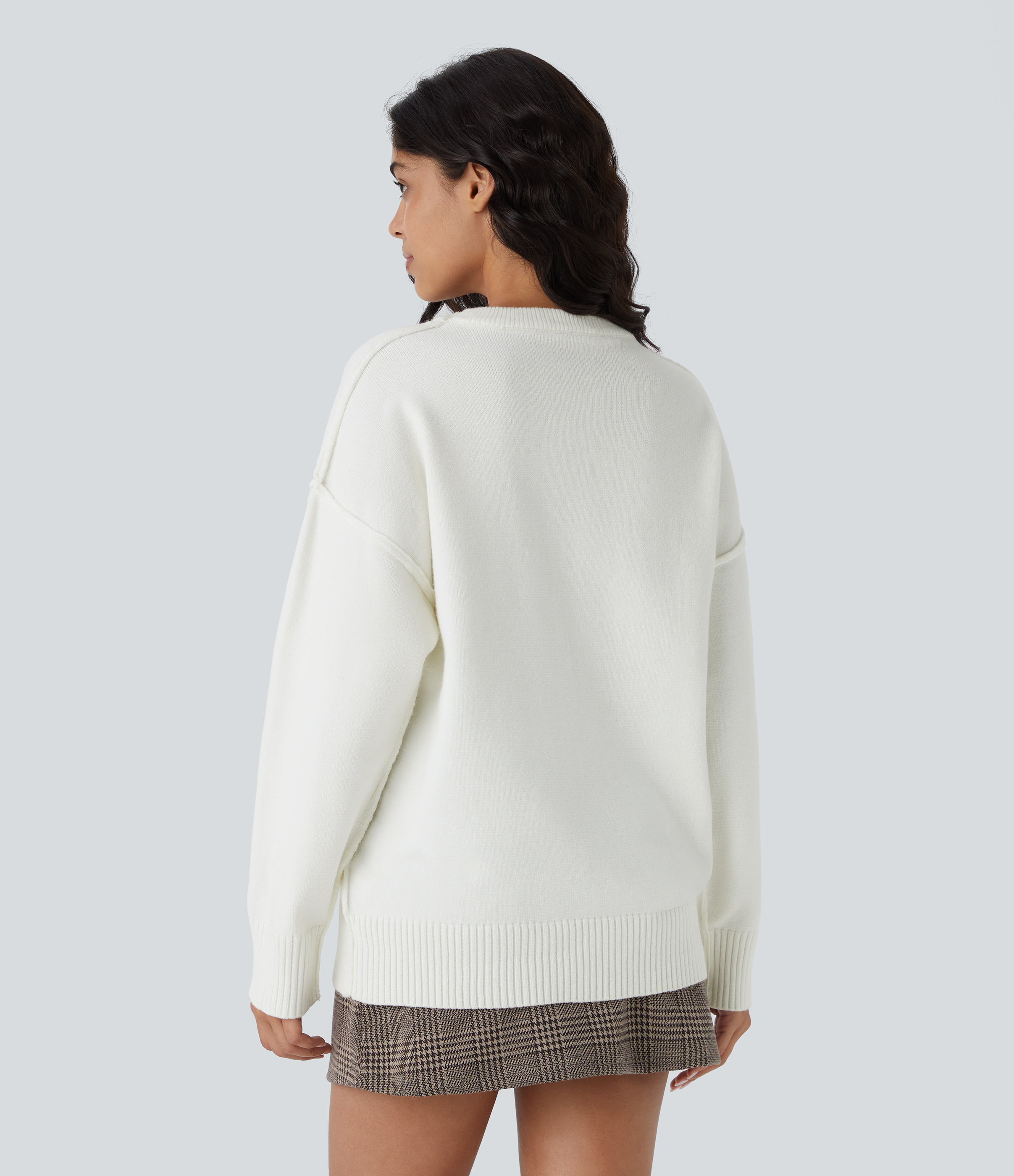 Halara Round Neck Dropped Shoulder Long Sleeve Casual Sweater  - White - S 