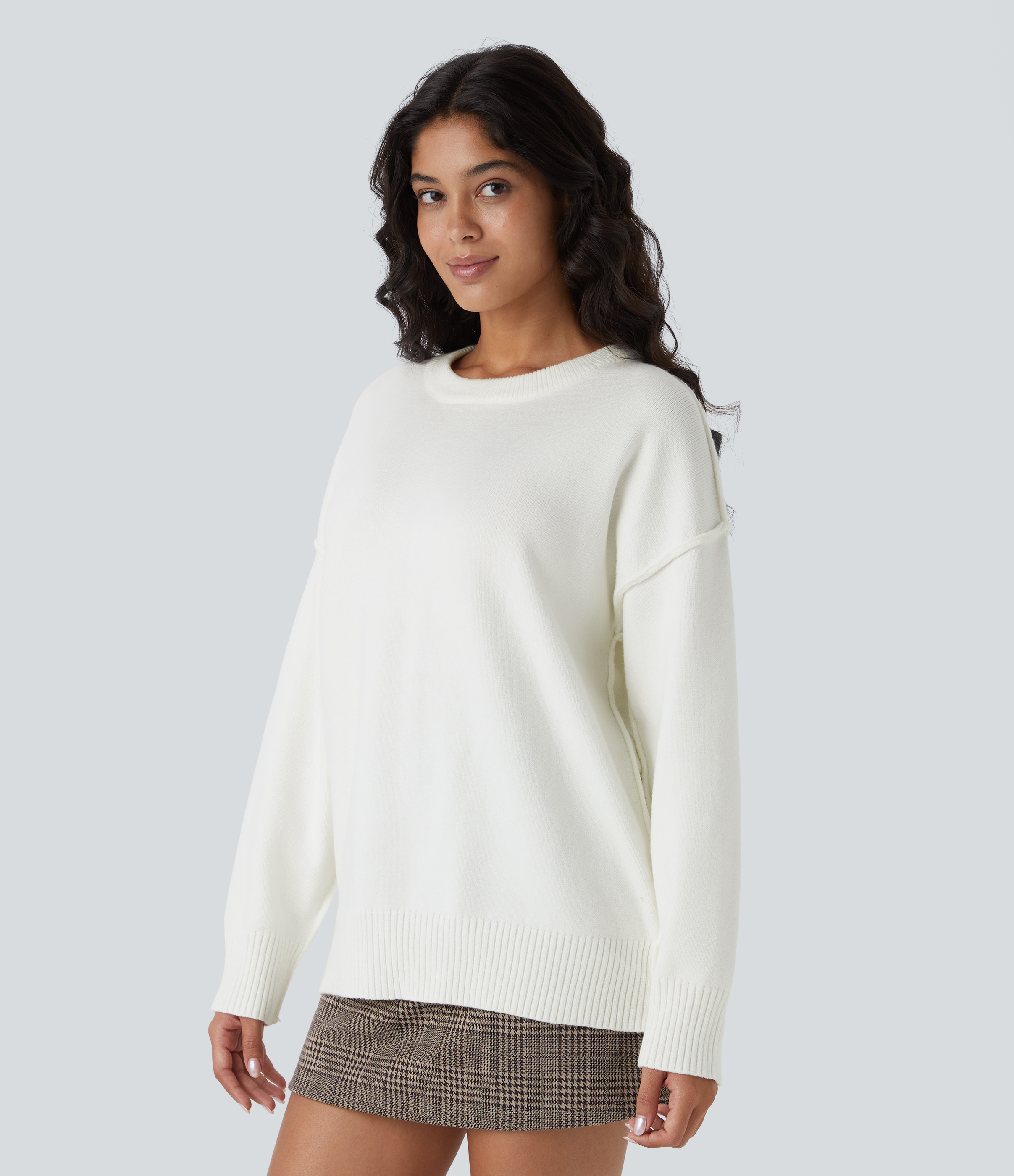 Halara Round Neck Dropped Shoulder Long Sleeve Casual Sweater  - White - S 